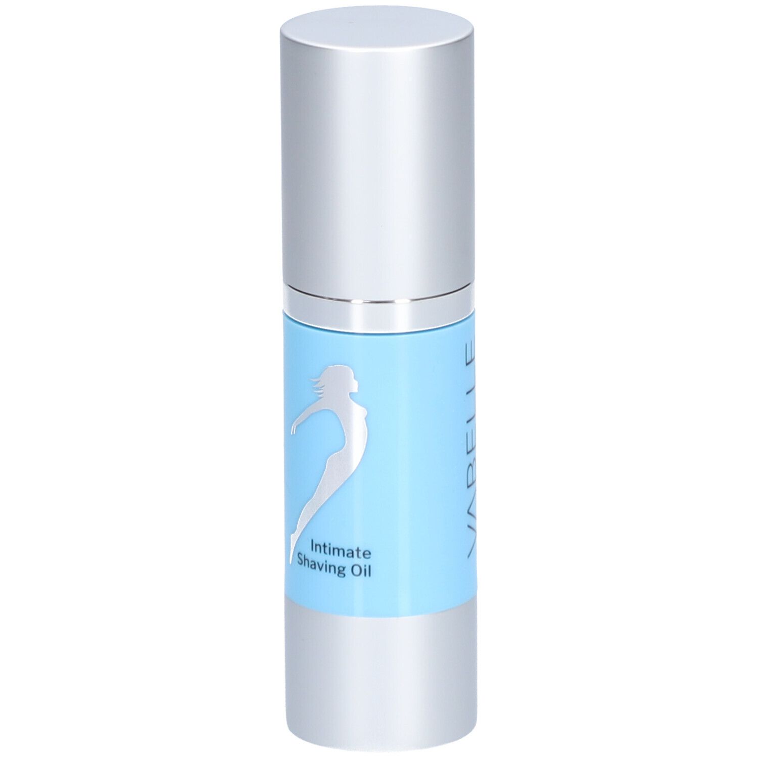 Cilindrische fles met zilveren dop. Lichtblauwe sticker met zilver silhouet en tekst: Intimate Shaving Oil. Merk niet zichtbaar.