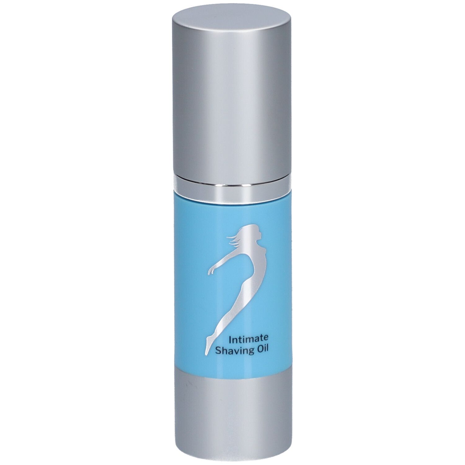 Cilindrische fles met zilveren dop. Lichtblauwe sticker met zilver silhouet en tekst: Intimate Shaving Oil.