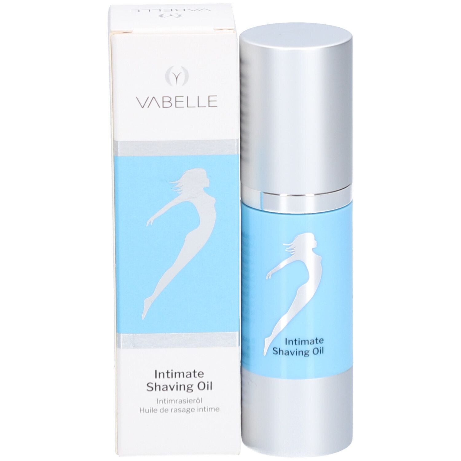 Productfles met verpakking. Fles met zilveren dop en lichtblauwe sticker. Verpakking met logo en productnaam.