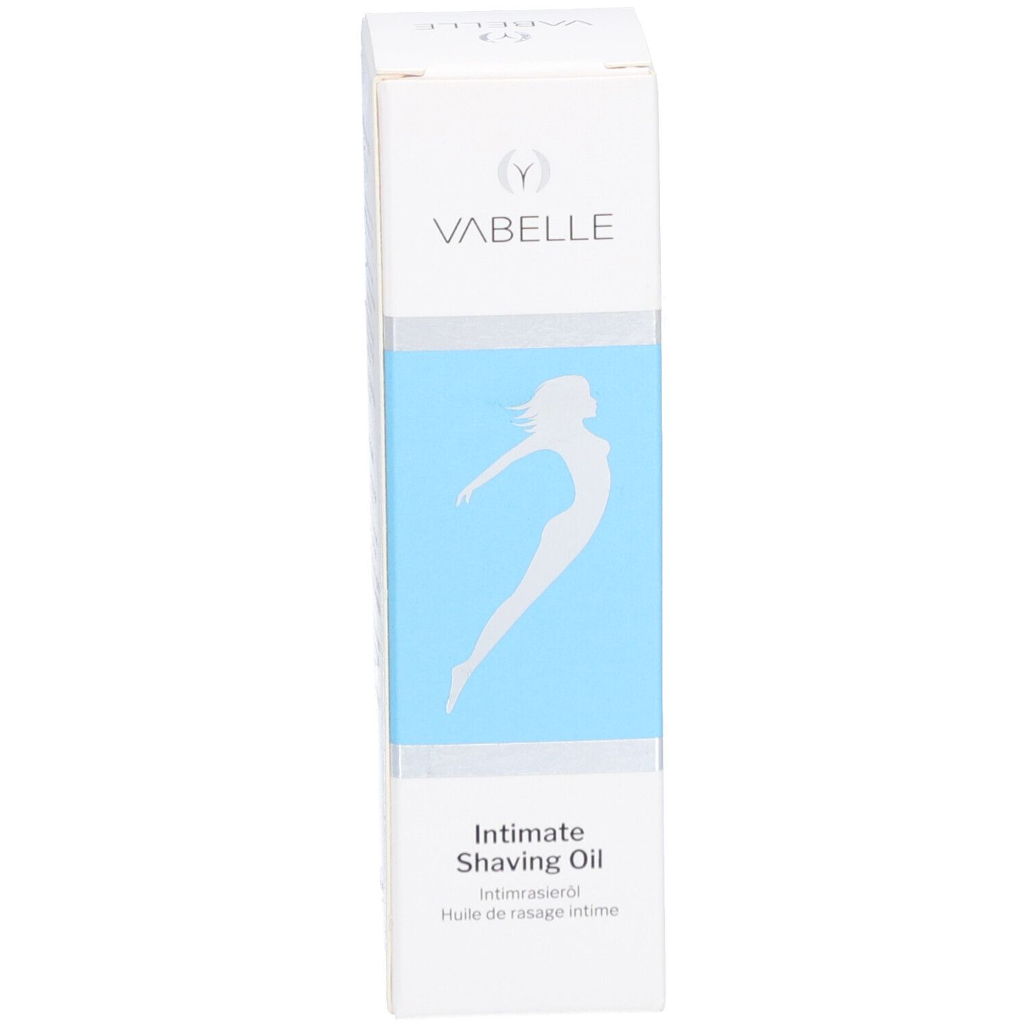 Productverpakking. Witte doos met logo, zilveren streep en productnaam: Intimate Shaving Oil.