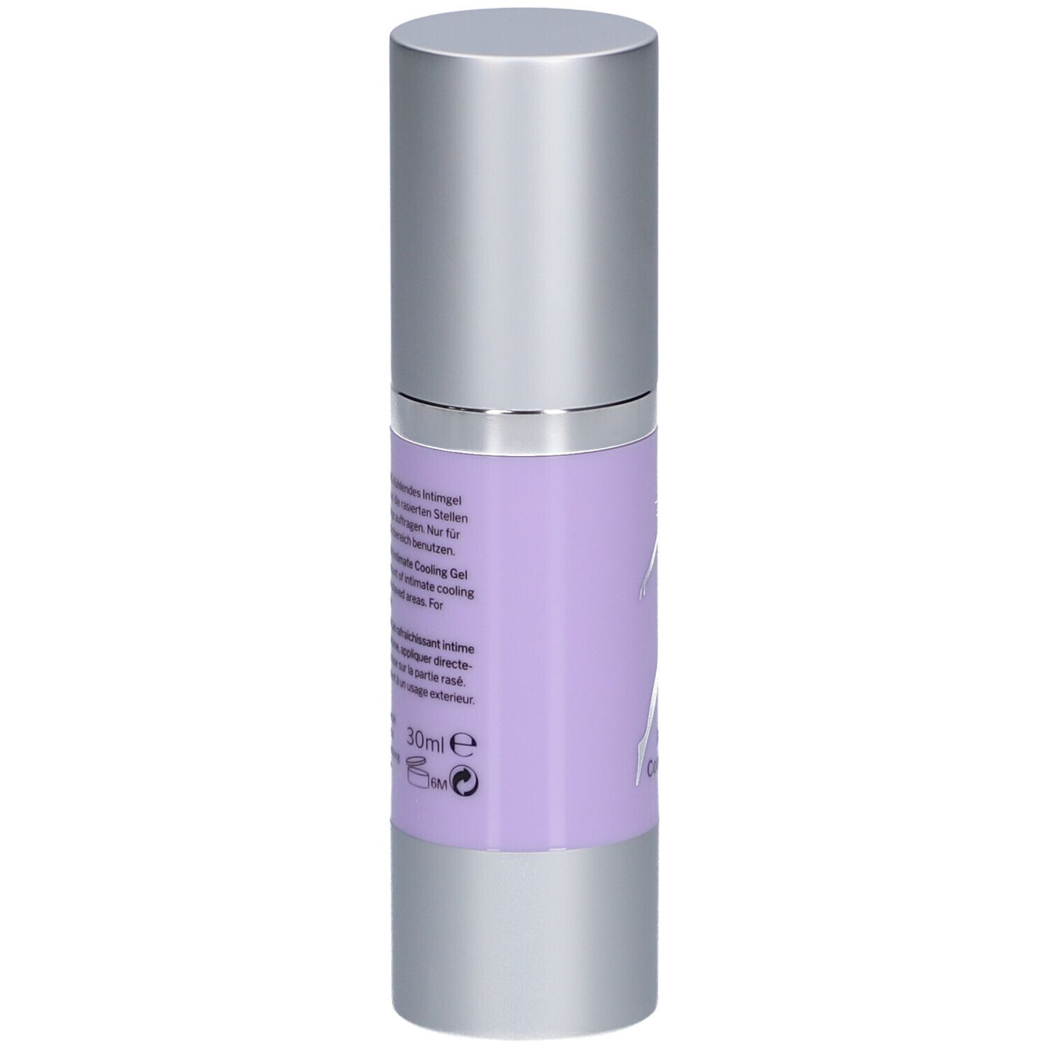 Dos du flacon. Texte sur étiquette violette. 30ml. Texte en allemand, anglais et français.