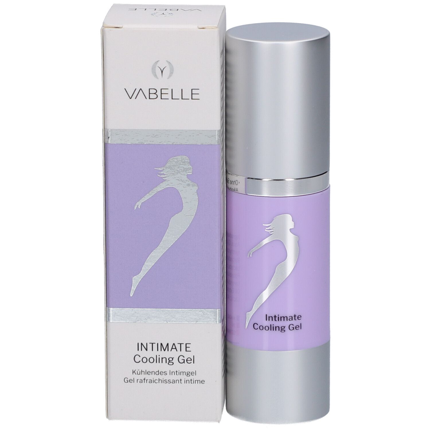 Produit avec emballage. Flacon et boîte. Étiquette violette avec texte et silhouette.