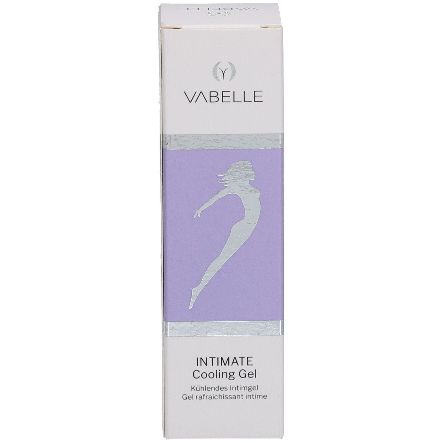 Boîte blanche avec étiquette violette. Logo VABELLE. Texte: Intimate Cooling Gel.