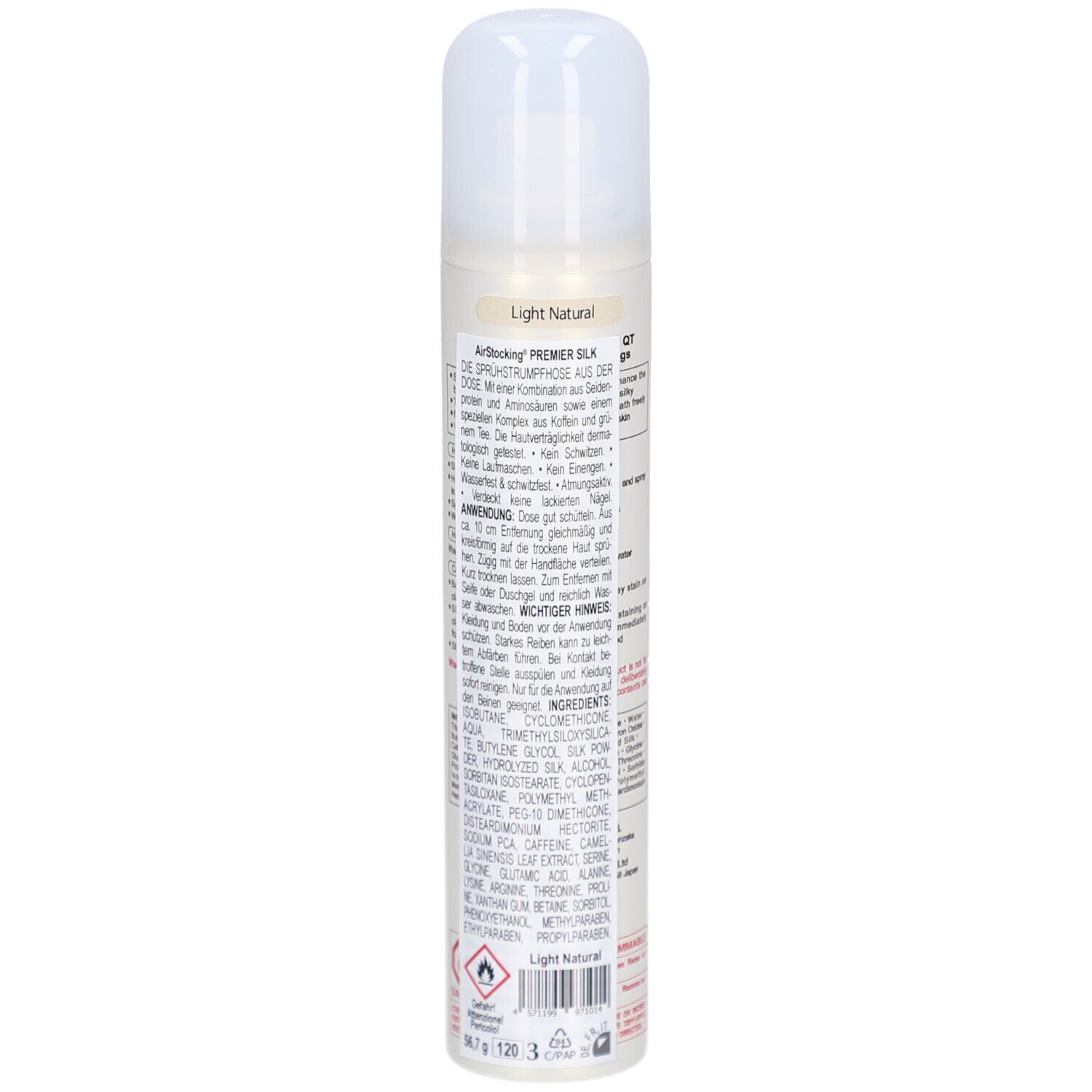 Beige spuitbus met witte dop. Tekst: AIR STOCKING PREMIER SILK. Opschrift en informatie.