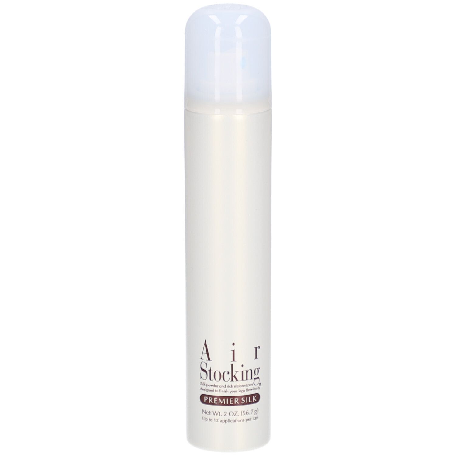 Beige spuitbus met witte dop. Tekst: AIR STOCKING PREMIER SILK. Netto 2.0 oz (56.7g).