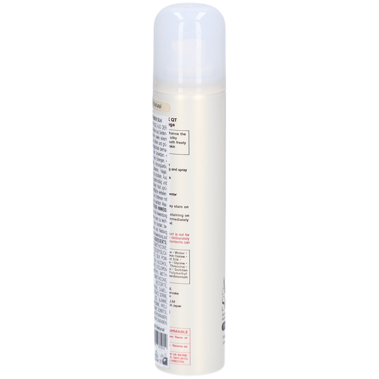 Beige spuitbus met witte dop. Tekst: AIR STOCKING PREMIER SILK. Opschrift en informatie.