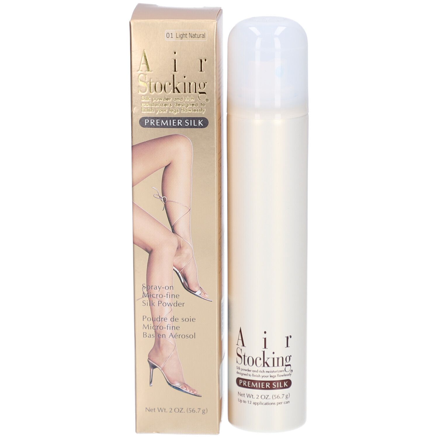 Productverpakking met spuitbus en doos. Tekst: AIR STOCKING PREMIER SILK. Afbeelding van benen.