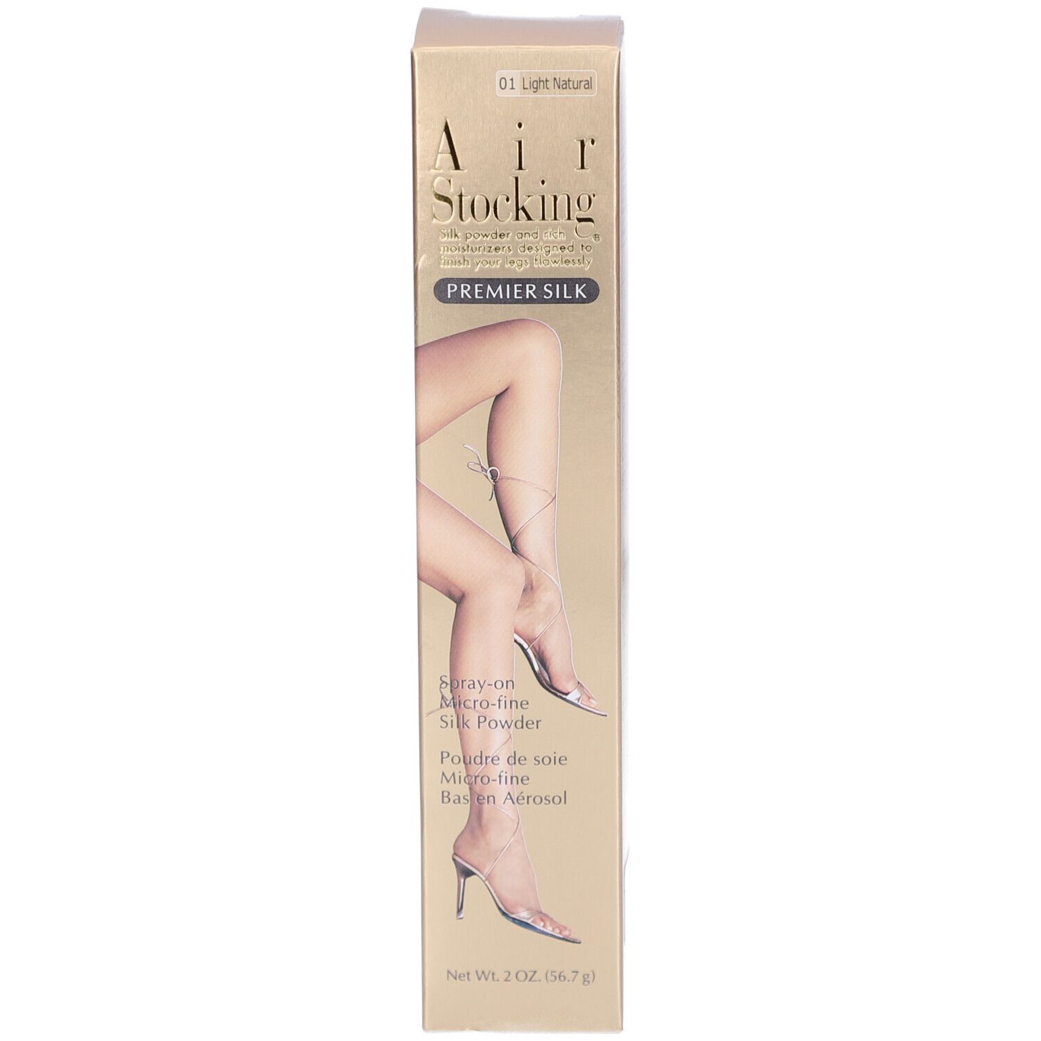 Productverpakking met doos. Tekst: AIR STOCKING PREMIER SILK. Afbeelding van benen.