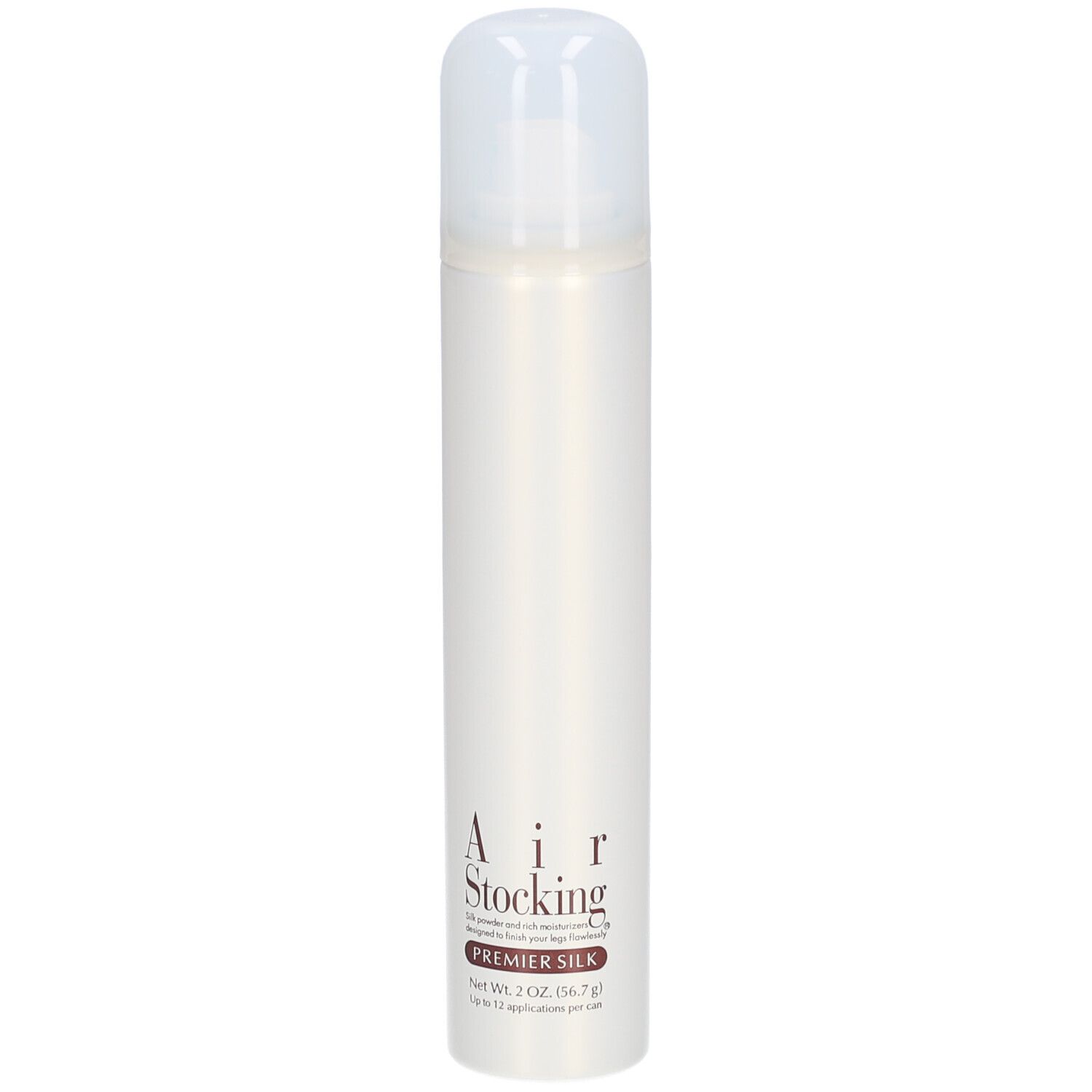 Aërosol AIR STOCKING PREMIER SILK. Witte spuitbus met sproeikop. Productnaam en nettogewicht gedrukt.