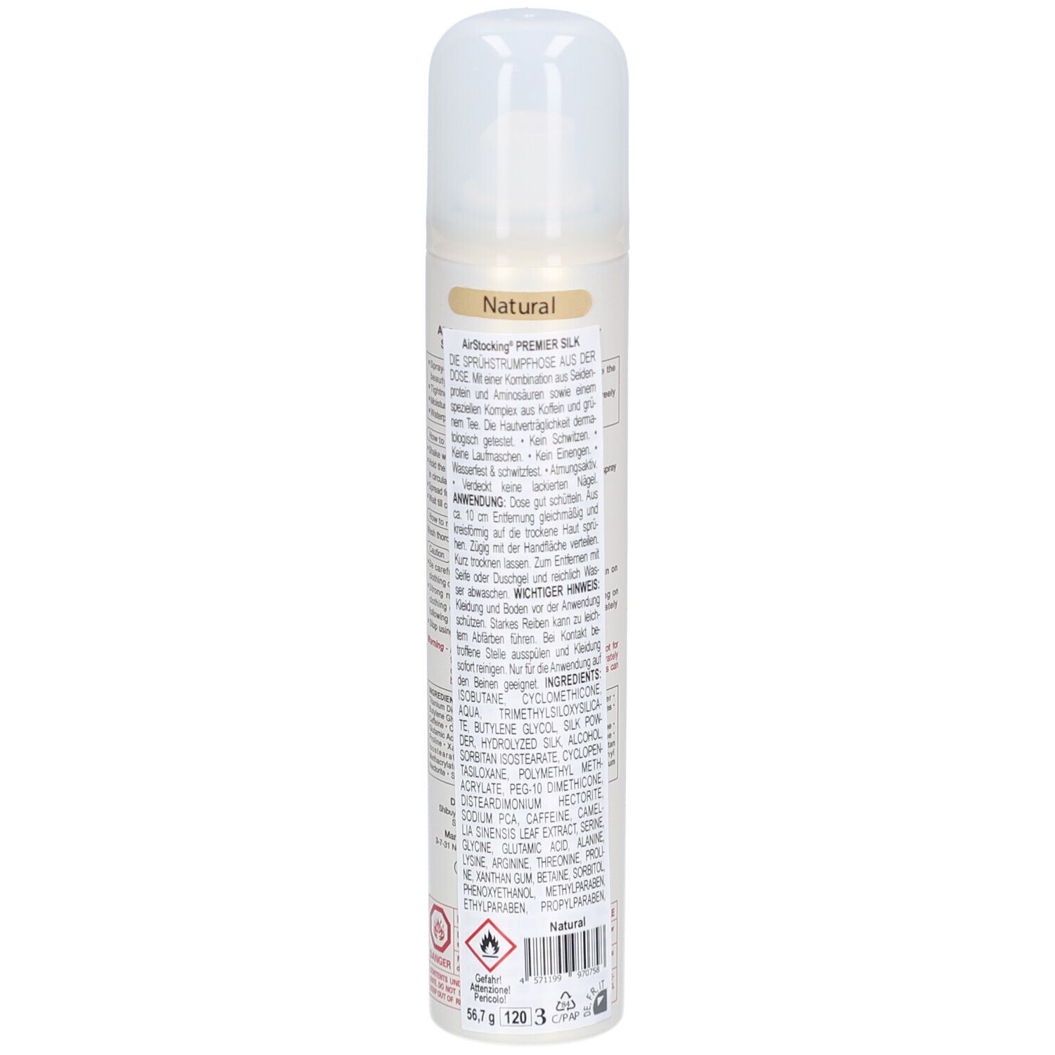 Achterkant van de AIR STOCKING PREMIER SILK spuitbus. Tekst met ingrediënten en waarschuwingen. Kleuren: wit en beige.