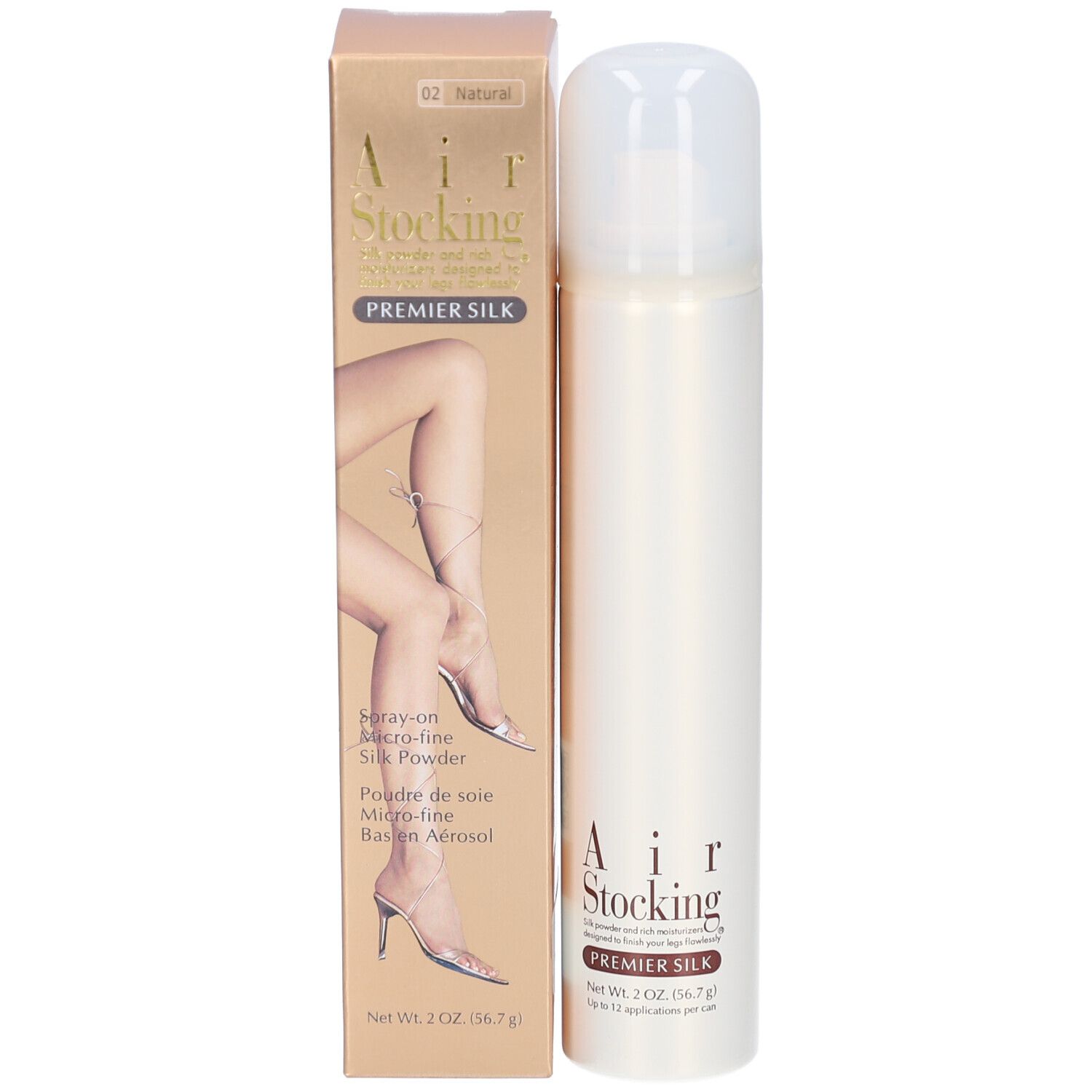 AIR STOCKING PREMIER SILK spuitbus en verpakking. Product en verpakking tonen benen. Opdruk: Spray-on Micro-fine Silk Powder.