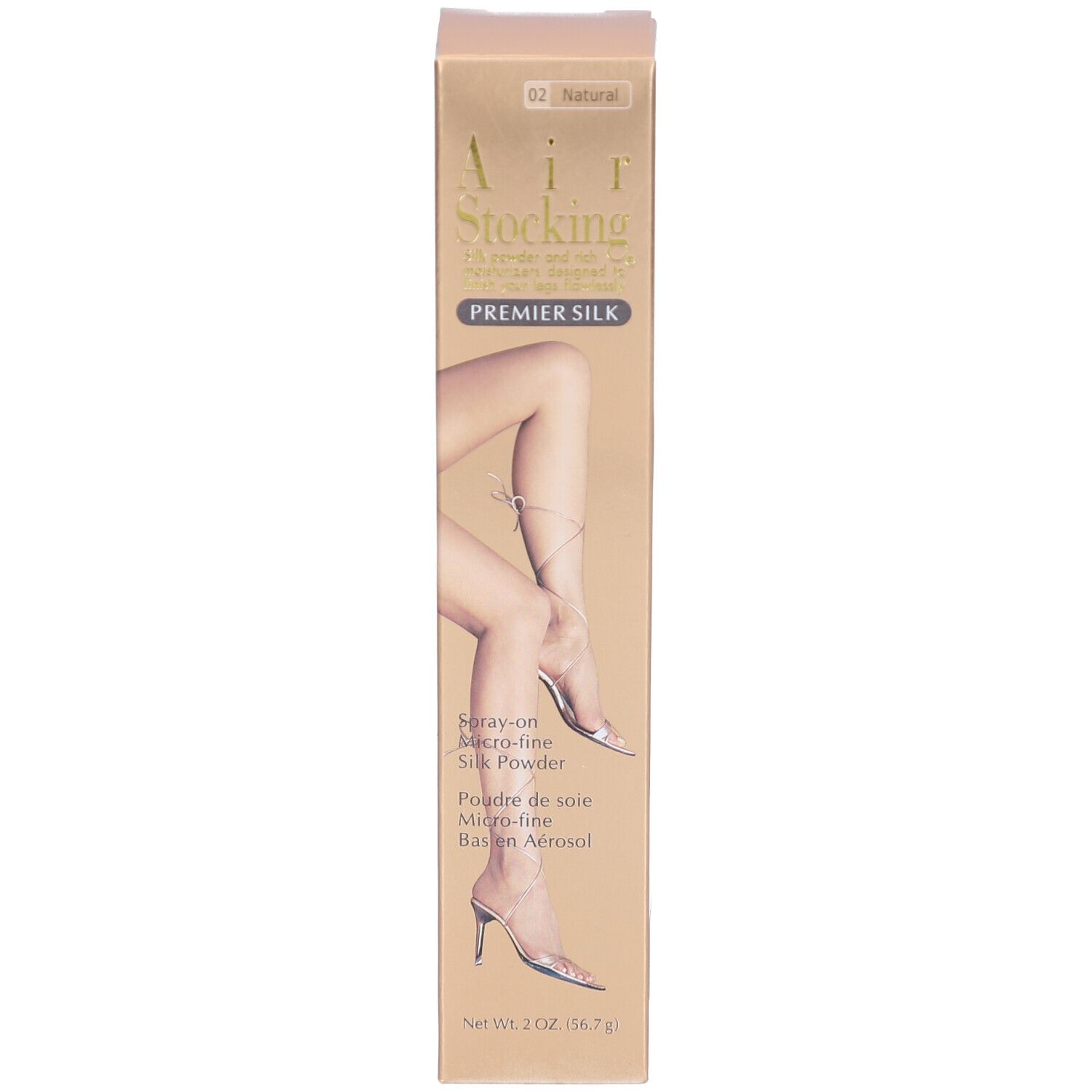 Verpakking AIR STOCKING PREMIER SILK. Illustratie van benen. Opdruk: Spray-on Micro-fine Silk Powder. Kleuren: beige en goud.