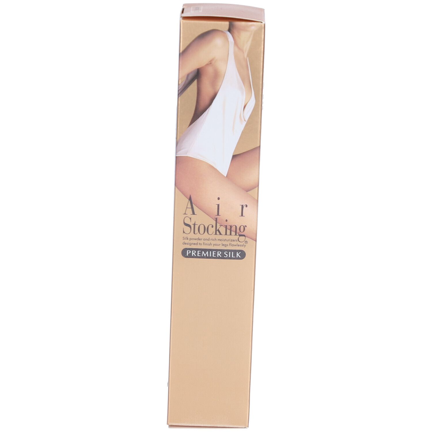 Verpakking AIR STOCKING PREMIER SILK. Illustratie van een bovenlichaam. Kleuren: beige en goud. Productnaam.