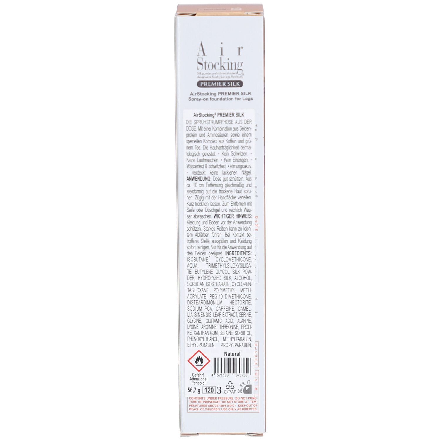 Achterkant van de AIR STOCKING PREMIER SILK verpakking. Tekst met ingrediënten en waarschuwingen. Kleuren: beige en goud.