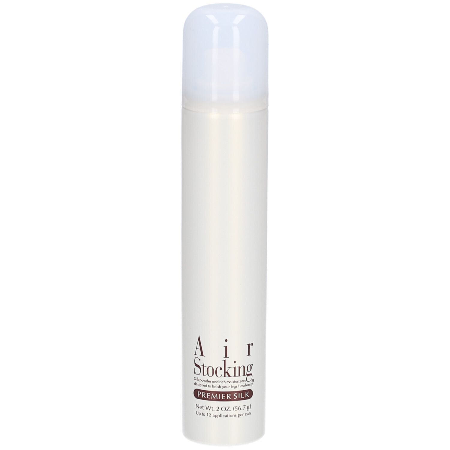 Cilindrische spuitbus met sproeikop. Opschrift: Air Stocking Premier Silk. Kleur: wit. Netto inhoud: 56,7 g.