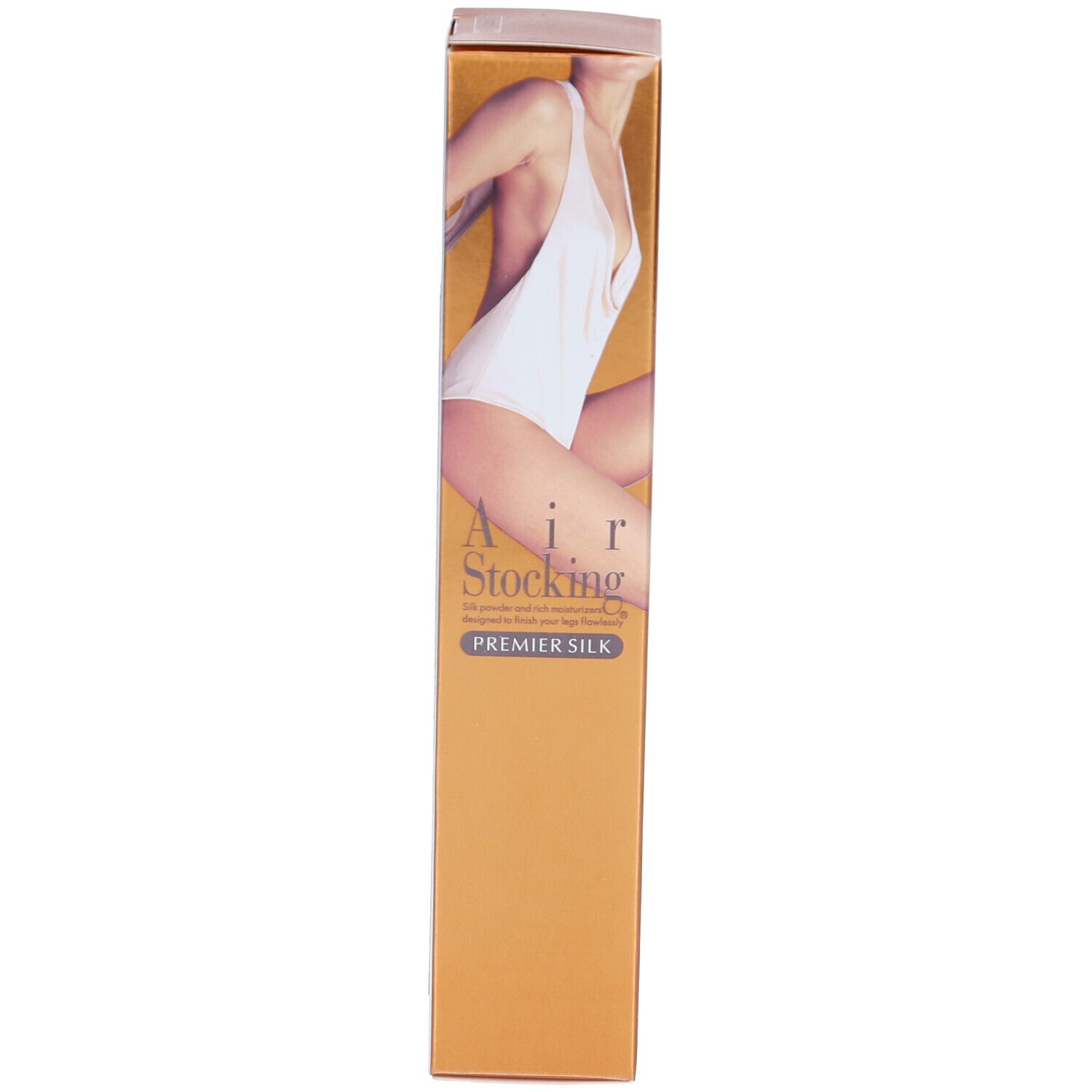 Doos. Opschrift: Air Stocking Premier Silk. Illustratie: bovenlichaam. Kleur: goud. Tekst: Premier Silk.