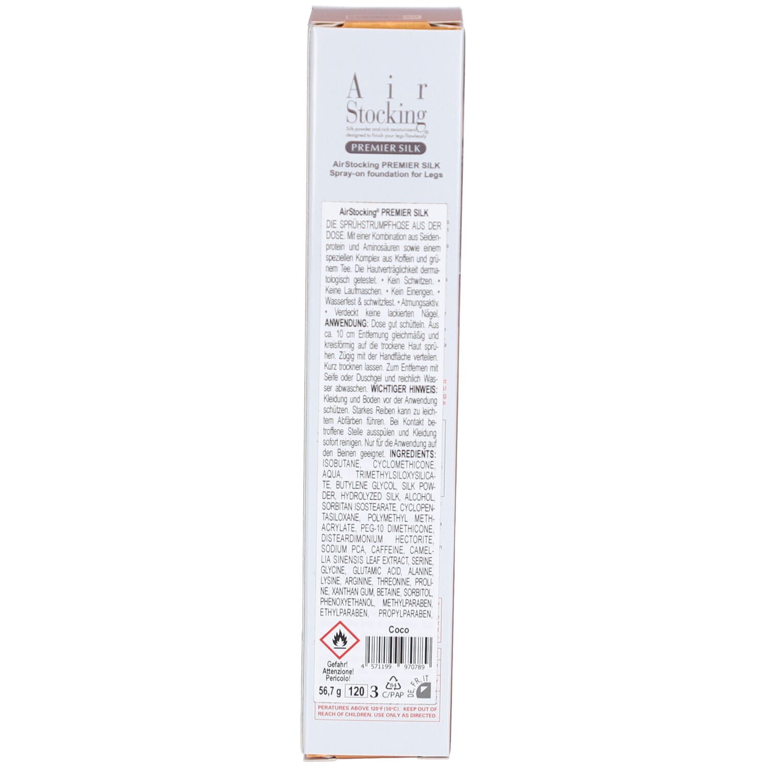Achterkant van de verpakking. Tekst in meerdere talen. Opschrift: Air Stocking Premier Silk. Ingrediënten. Waarschuwingen.