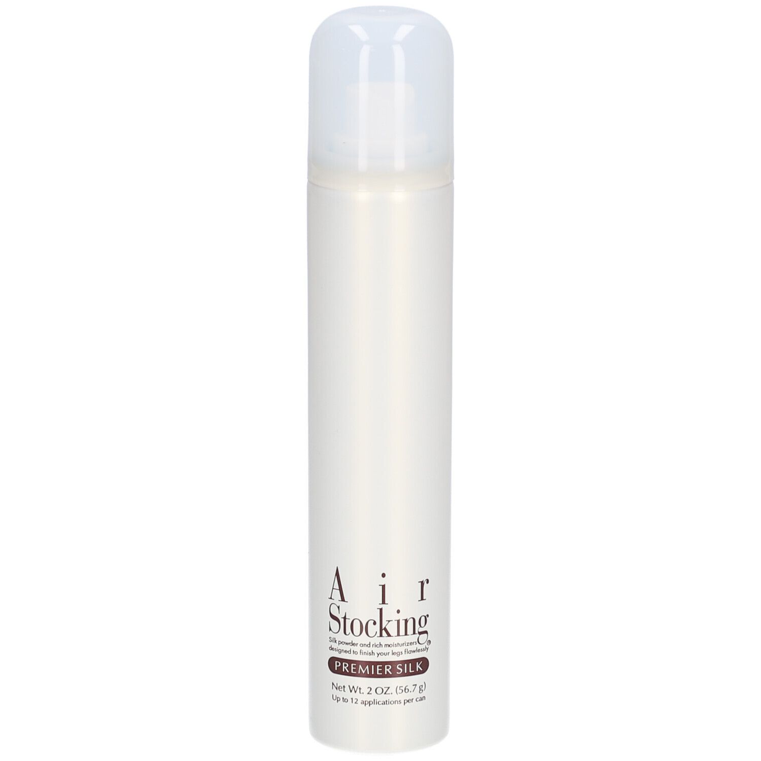Aërosol. Witte houder met witte dop. Opschrift: Air Stocking Premier Silk. Net Wt. 2 OZ. (56.7 g).