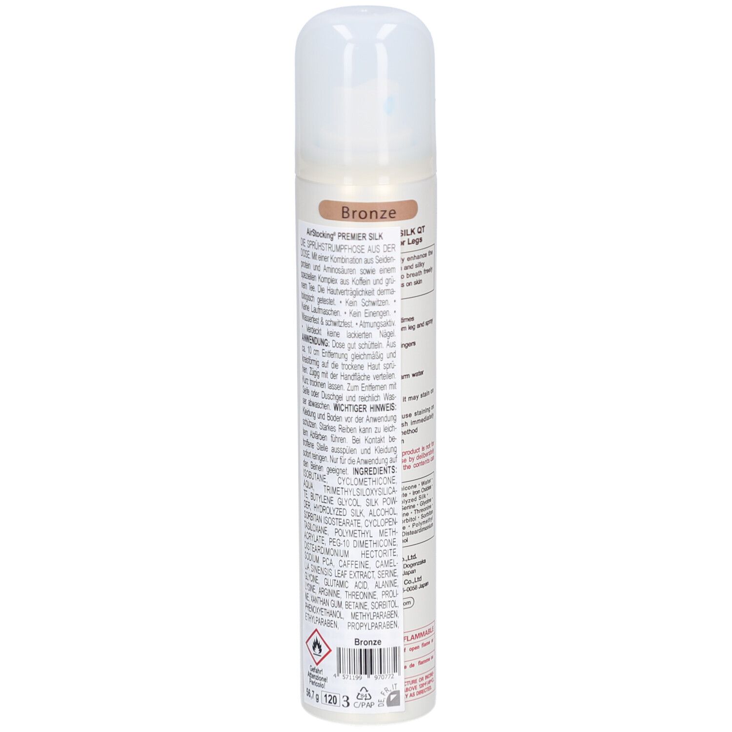 Achterkant van de spuitbus. Meertalige tekst. Opschrift: Air Stocking Premier Silk. Ingrediënten. Waarschuwingen. Kleur: Bronze.