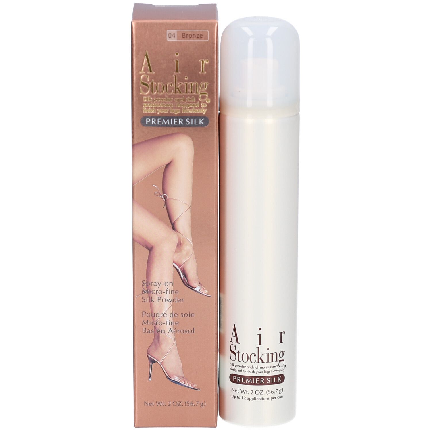 Product met verpakking. Bus en doos. Opschrift: Air Stocking Premier Silk. Illustratie: benen met kousen. Kleur: Bronze.