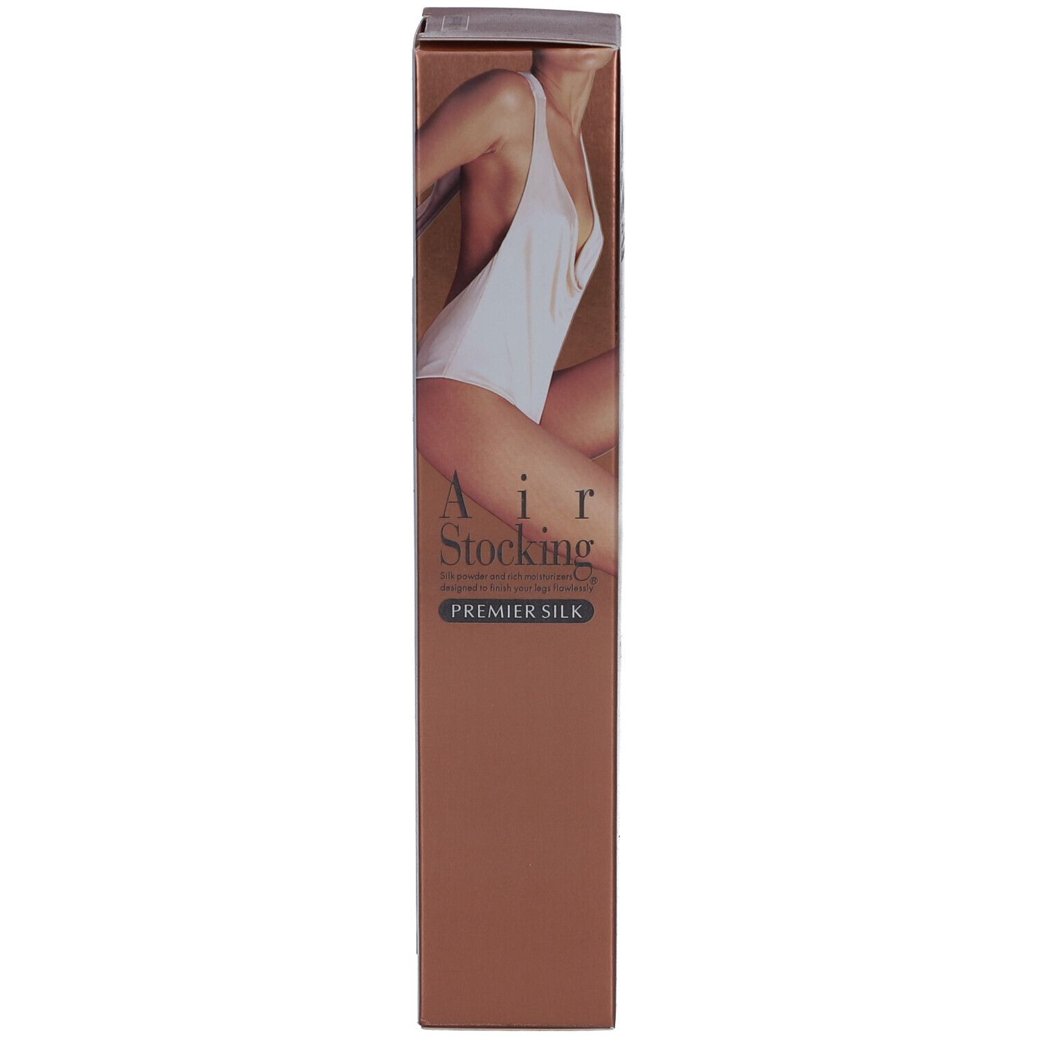 Doos. Opschrift: Air Stocking Premier Silk. Illustratie: vrouw in badpak. Kleur: Bronze.