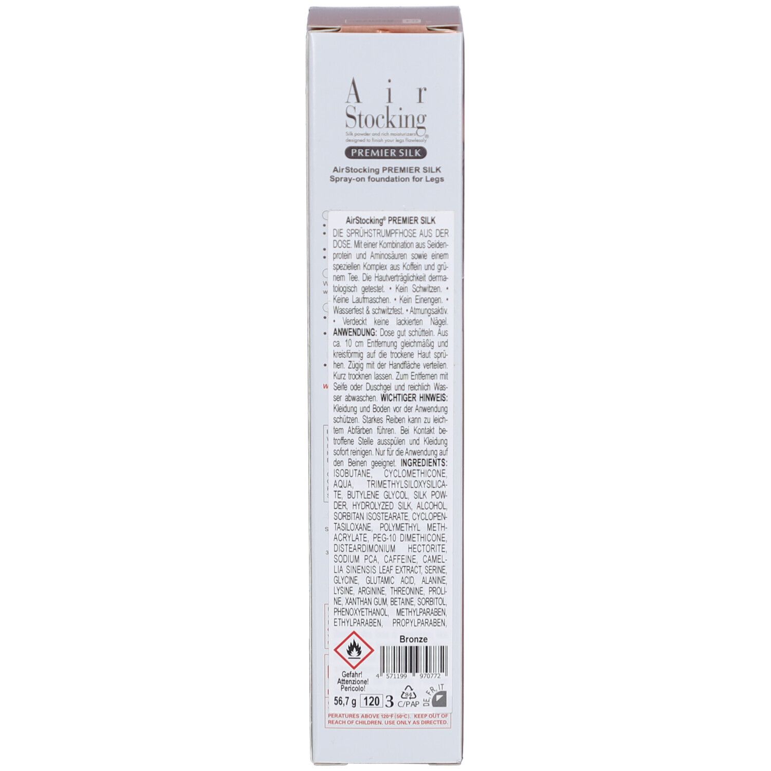 Doos. Opschrift: Air Stocking Premier Silk. Meertalige tekst. Ingrediënten. Kleur: Bronze.