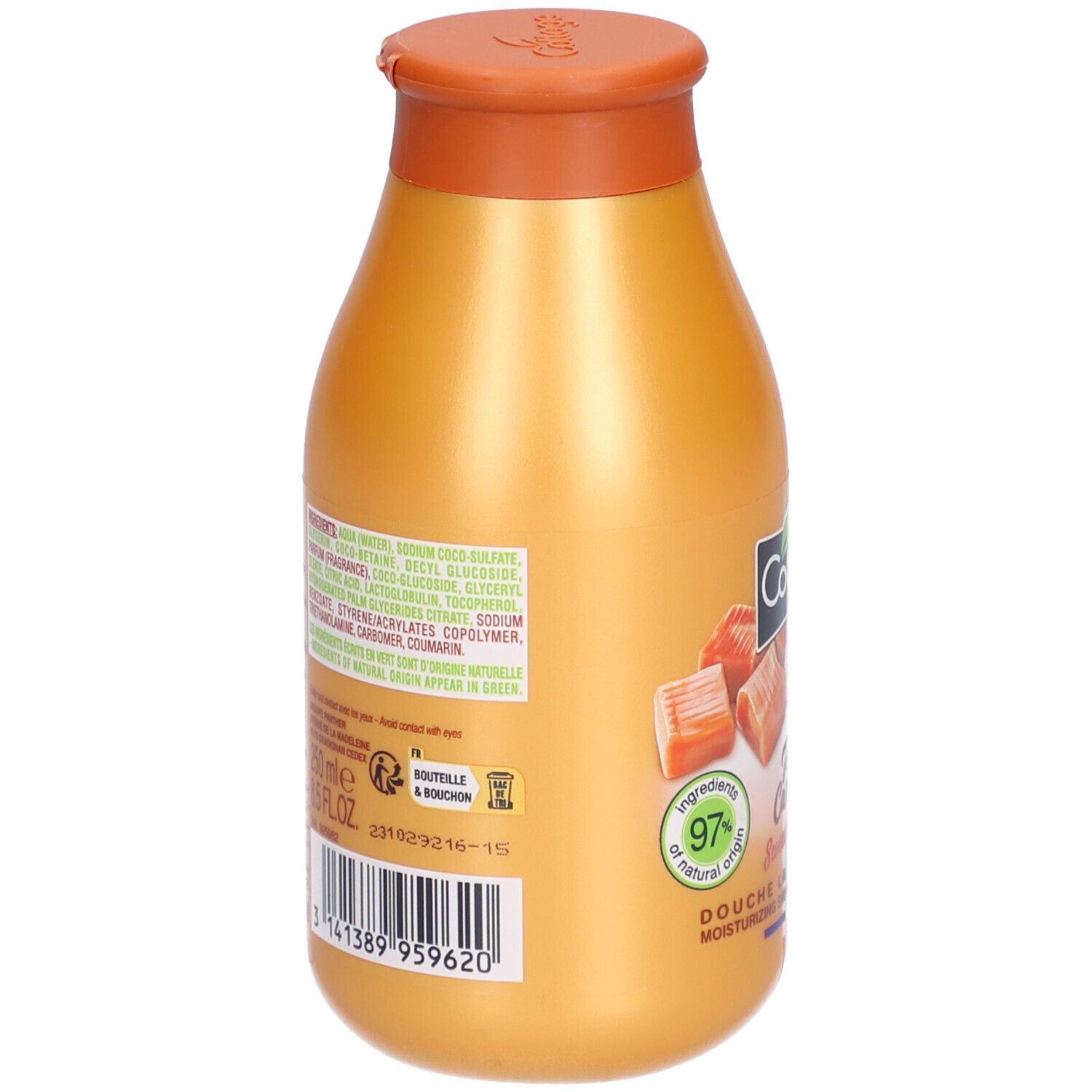 Achterkant van de gouden fles. Bevat ingrediënten, barcode en recyclingsymbolen. Opschrift: 97% d'origine naturelle.