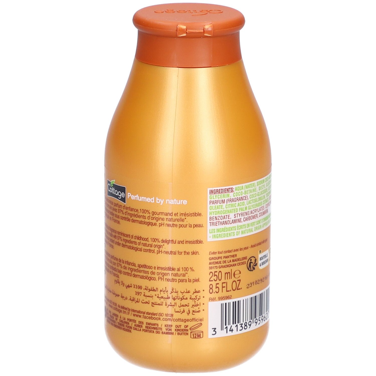 Achterkant van de gouden fles. Tekst: Perfumed by nature. Bevat ingrediënten en tekst in meerdere talen.