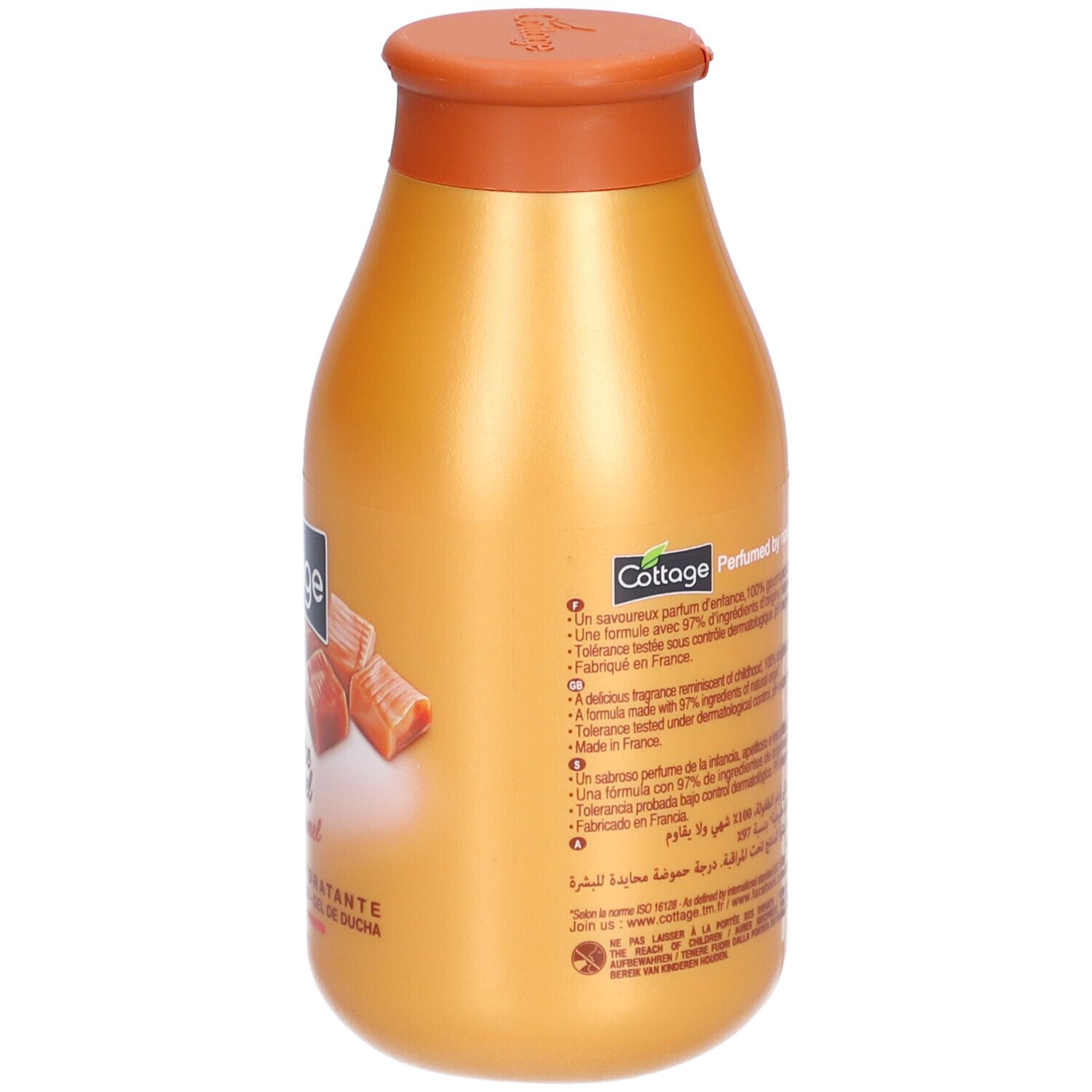 Achterkant van de gouden fles. Tekst: Perfumed by nature. Bevat ingrediënten en tekst in meerdere talen.