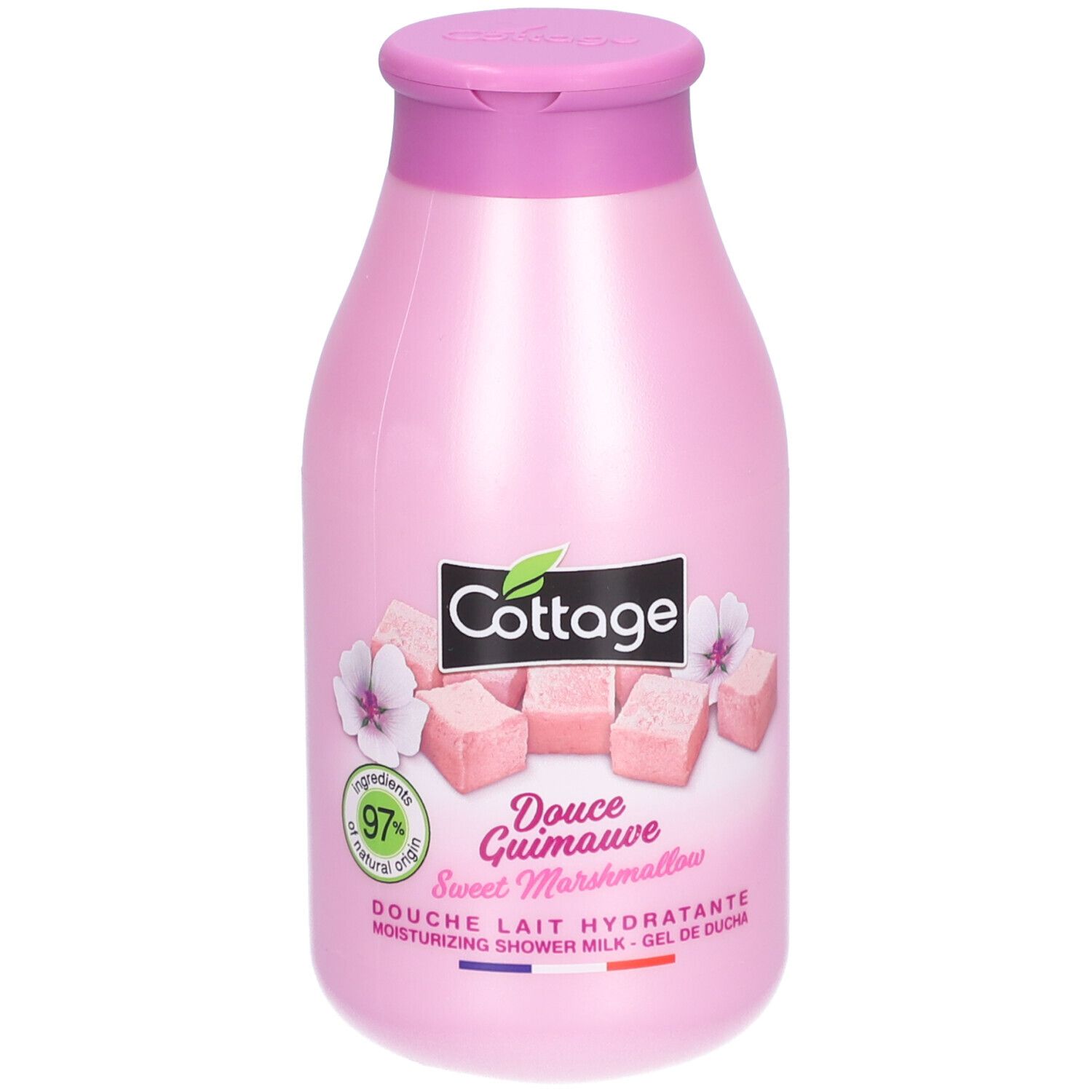 Roze fles met klapdeksel. Opschrift Cottage, Douce Guimauve, 97% natuurlijke ingrediënten. Afbeelding van marshmallows.