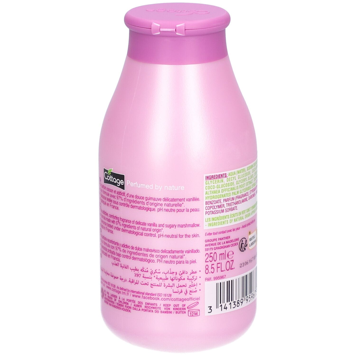 Achterkant van een roze fles. Tekst met ingrediënten en informatie. 250 ml. Barcode en recyclagesymbool.
