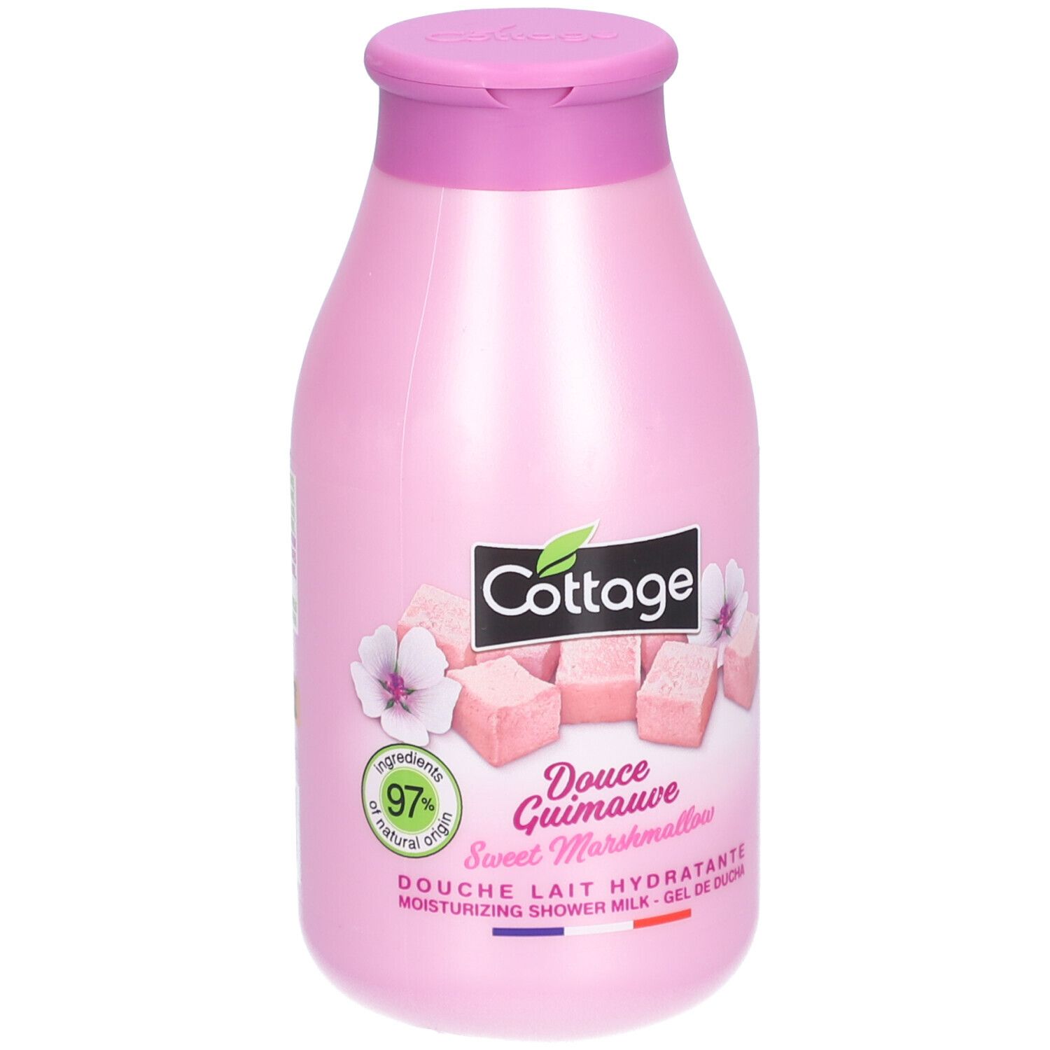 Roze fles met klapdeksel. Opschrift Cottage, Douce Guimauve, 97% natuurlijke ingrediënten. Afbeelding van marshmallows.