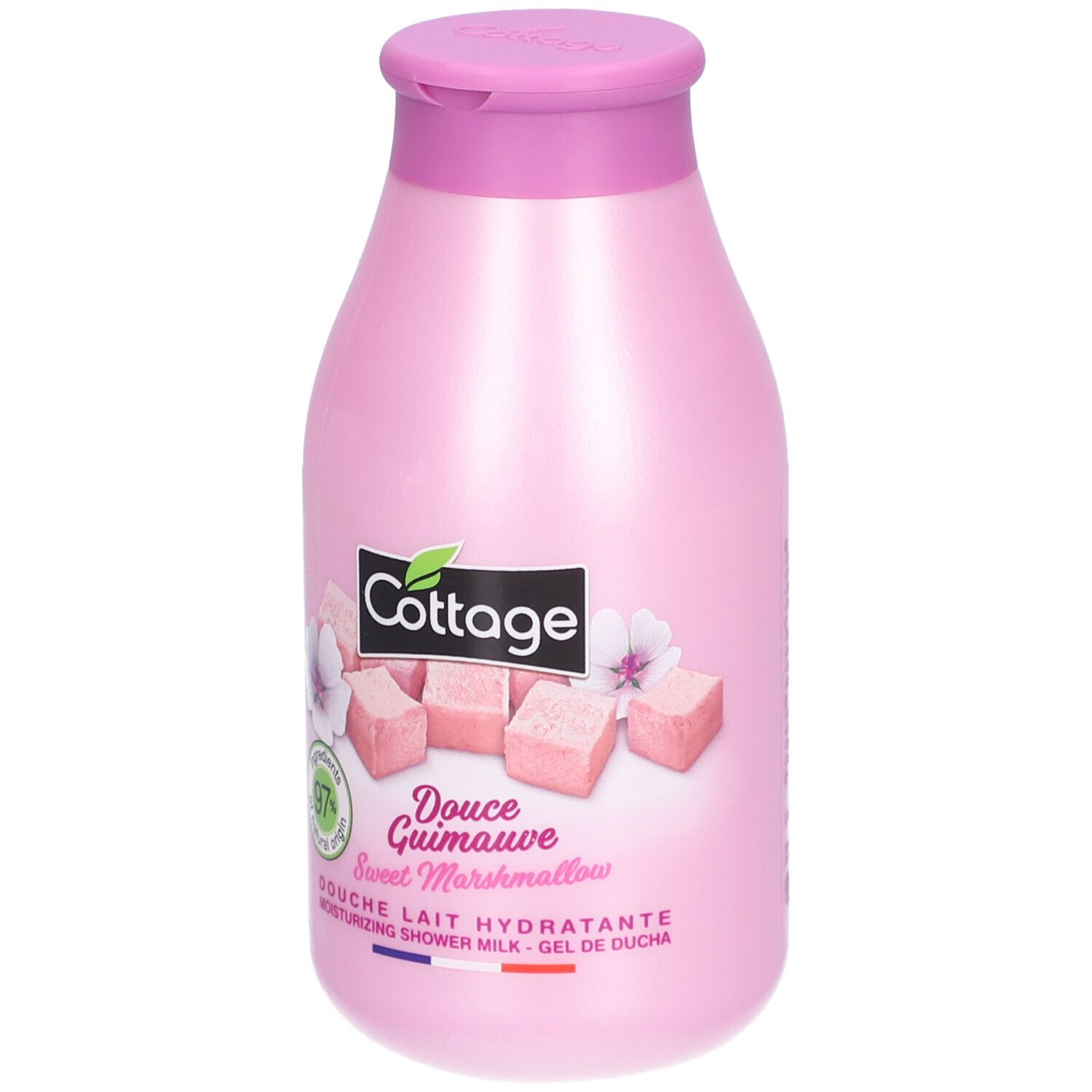 Roze fles met klapdeksel. Opschrift Cottage, Douce Guimauve, 97% natuurlijke ingrediënten. Afbeelding van marshmallows.
