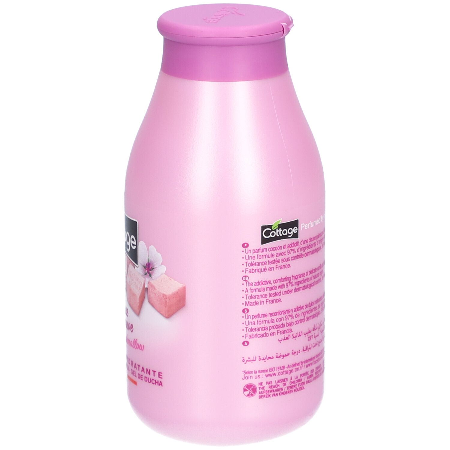 Achterkant van een roze fles. Tekst met ingrediënten en informatie. 250 ml. Barcode en recyclagesymbool.