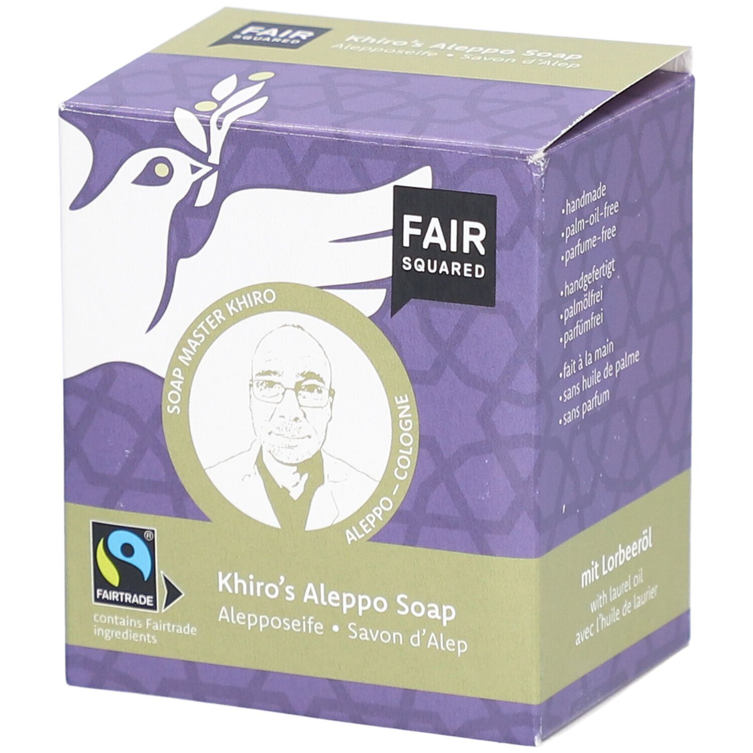 Vierkante verpakking met FAIR SQUARED logo, afbeelding man, tekst: Khiro's Aleppo Soap, Fairtrade-label.