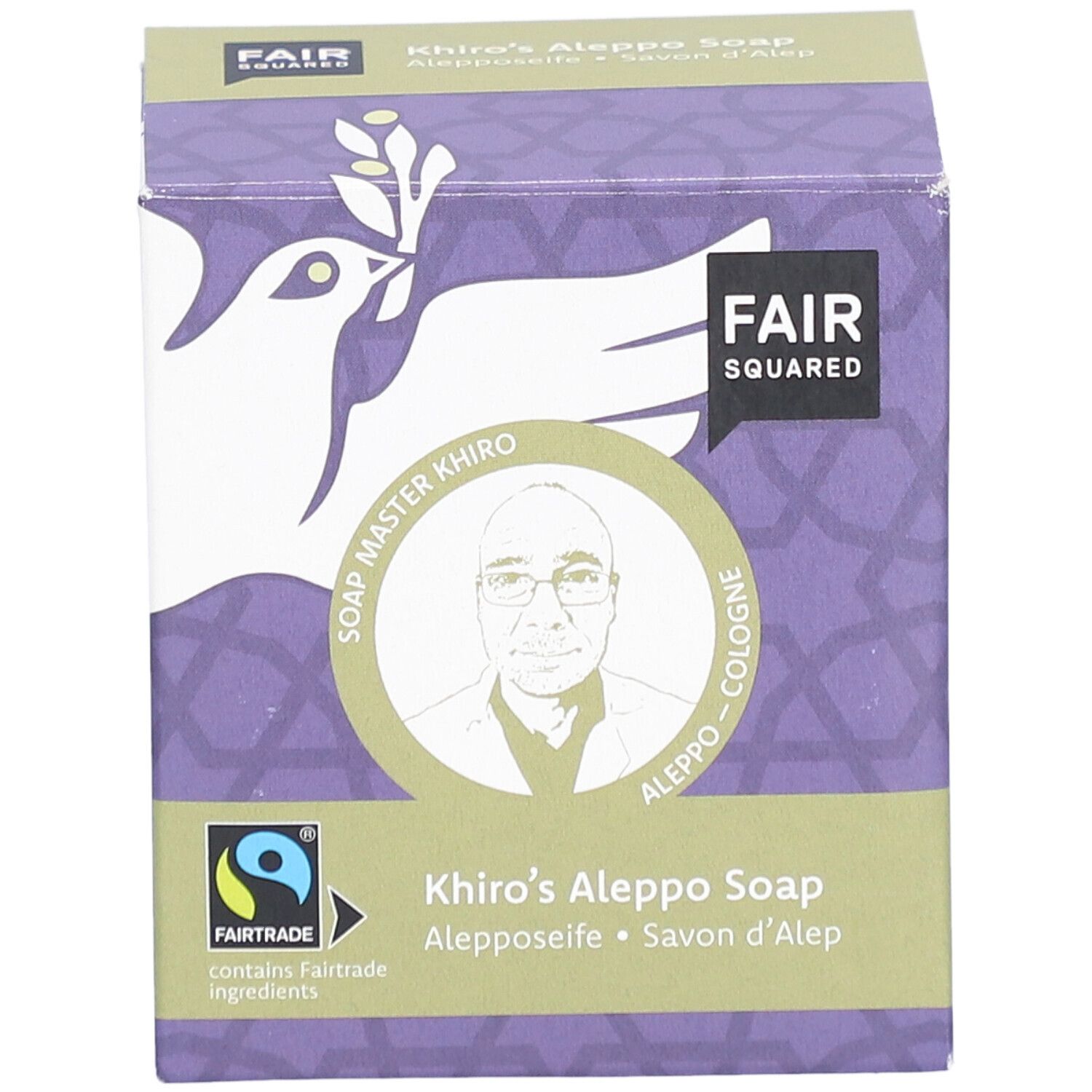 Verpakking met FAIR SQUARED logo, tekst: Khiro's Aleppo Soap, Fairtrade-label, afbeelding van een man.