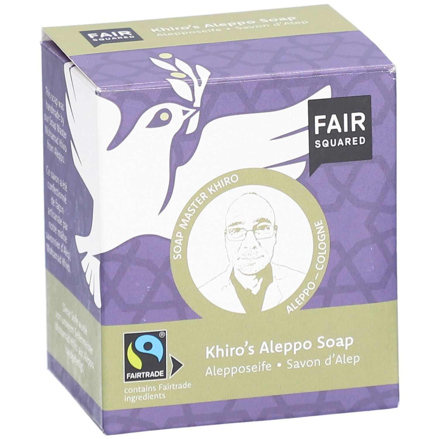 Verpakking met FAIR SQUARED logo, tekst: Khiro's Aleppo Soap, Fairtrade-label, afbeelding van een man.