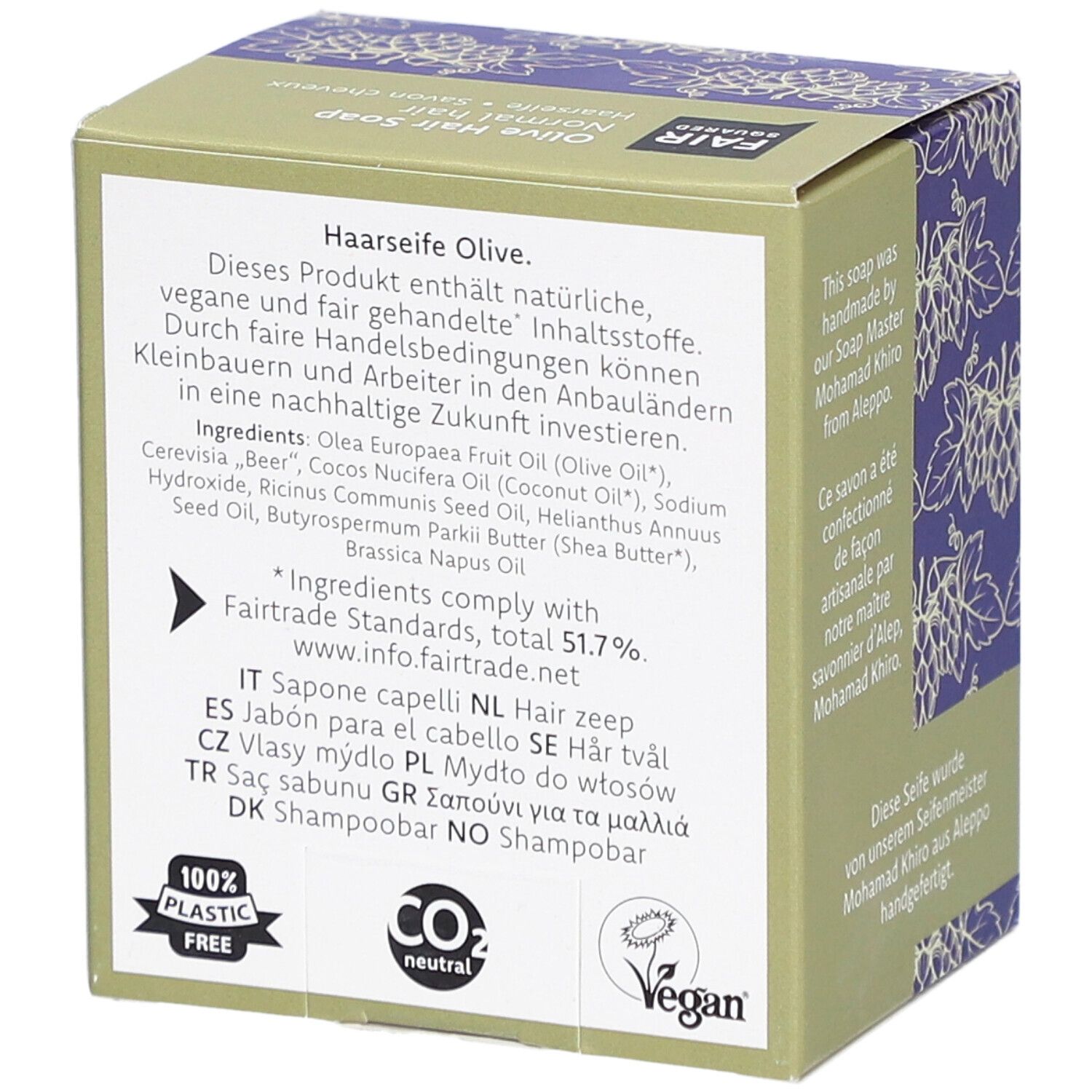 Achterkant verpakking FAIR SQUARED Haarseife Olive. Ingrediënten, Vegan-label, CO2-neutraal, 100% plasticvrij.