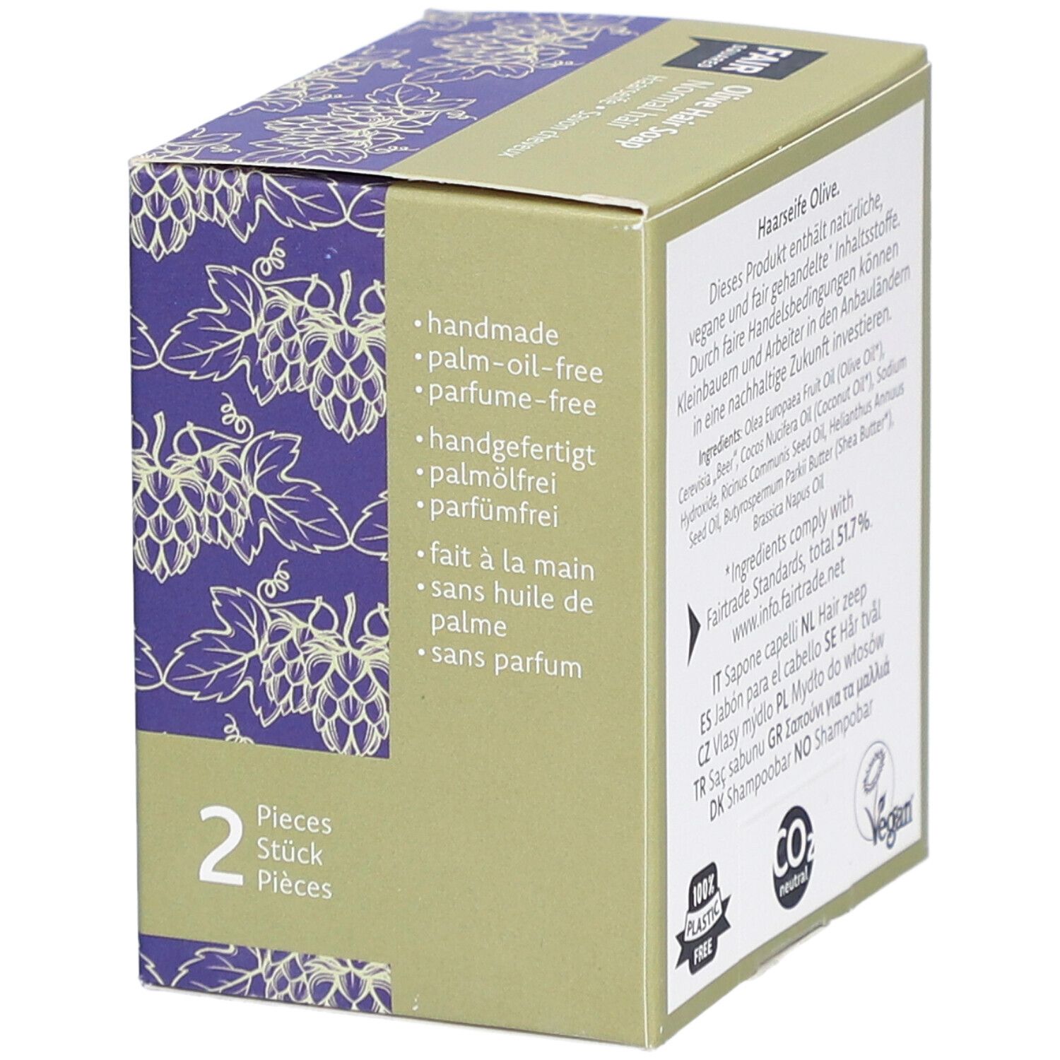 Verpakking FAIR SQUARED Haarseife Olive. Tekst: handgemaakt, palmolievrij, parfumvrij. 2 stuks. Vegan.