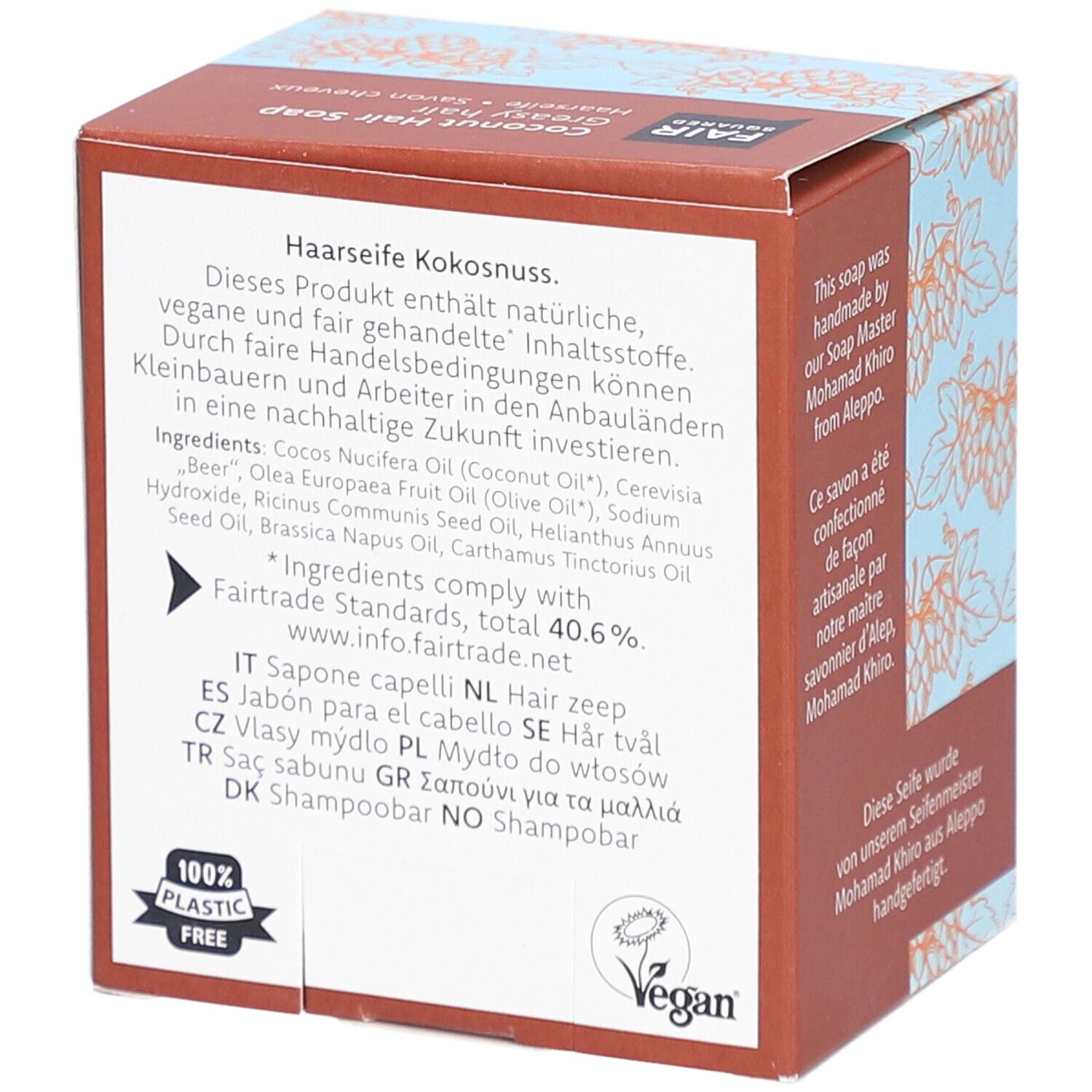 Achterkant verpakking FAIR SQUARED Haarseife Coco. Tekst: ingrediënten, Fairtrade-normen, Vegan-label, 100% plasticvrij.