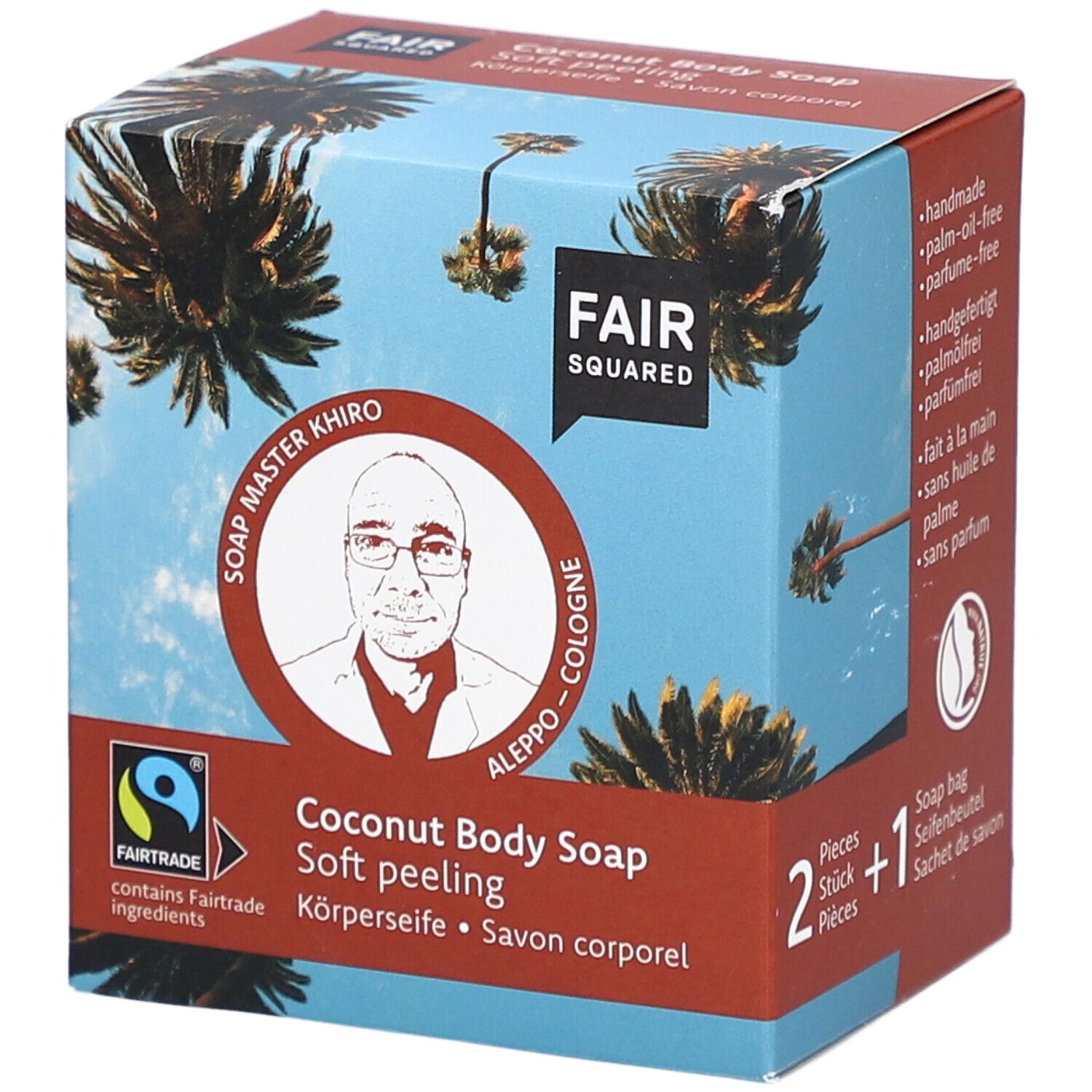 Doos met FAIR SQUARED logo en productinfo. Bevat 2 zeepjes en een zakje. Fairtrade-keurmerk.