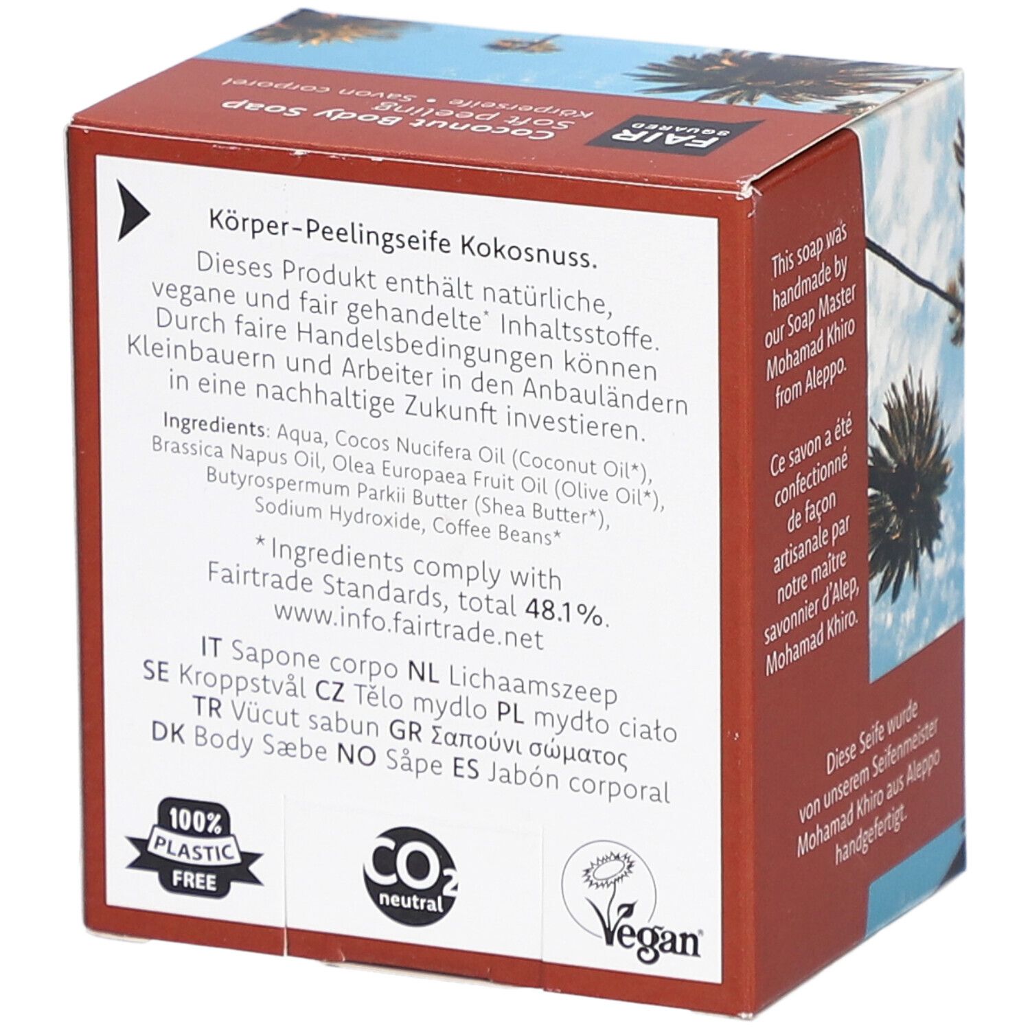 Doos met ingrediënten en certificeringen: 100% plasticvrij, CO2-neutraal, vegan. Fairtrade-keurmerk.