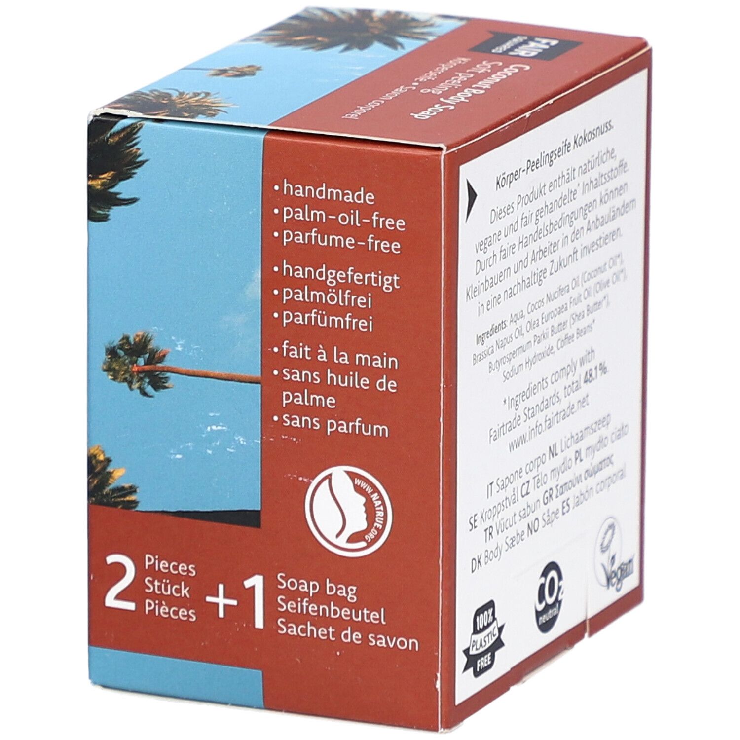 Doos met productinfo en certificeringen. Bevat 2 zeepjes + 1 zakje. Vegan.