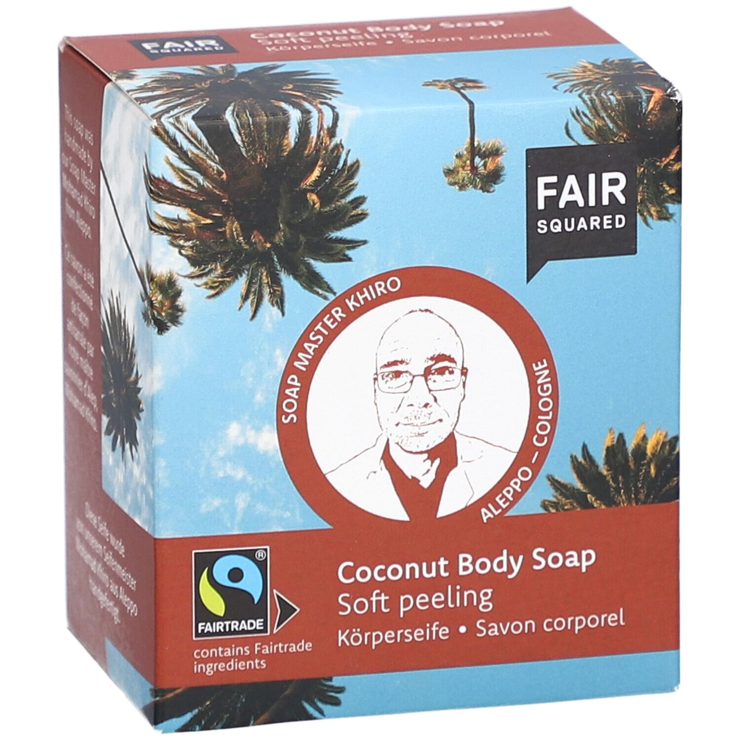 Doos met FAIR SQUARED logo, Soap Master portret en productnaam. Fairtrade-keurmerk.
