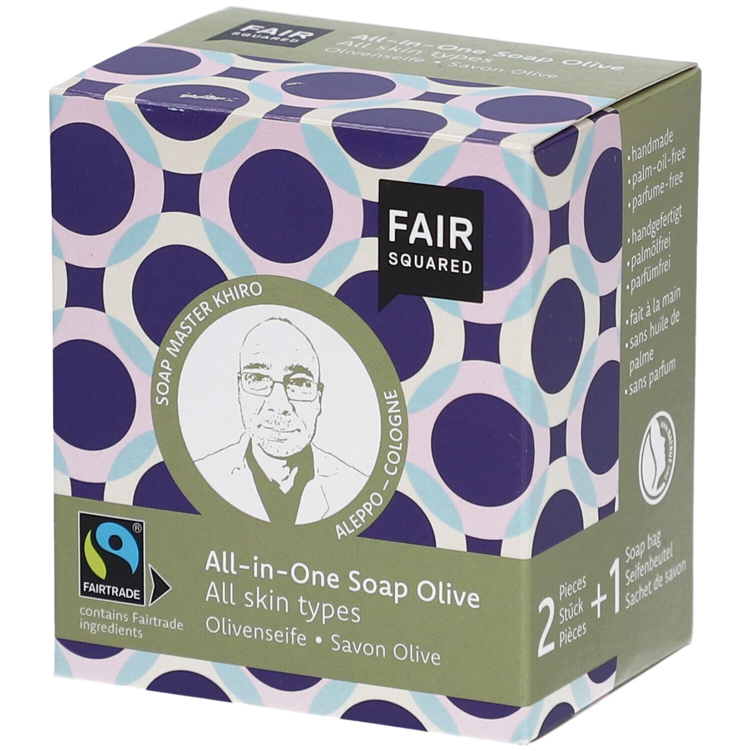 Verpakking van FAIR SQUARED All-in-One-zeep Olive. Fairtrade-label, portret van Soap Master Khiro.
