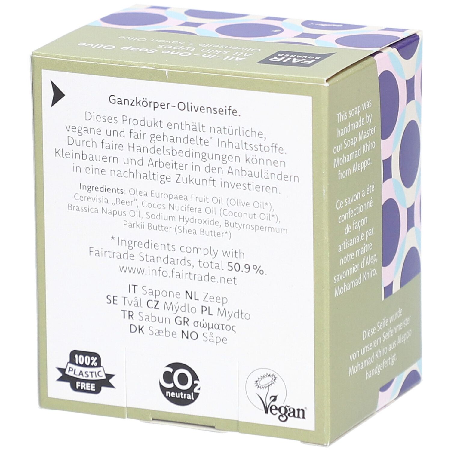 Verpakking van FAIR SQUARED All-in-One-zeep Olive. Ingrediënten, Vegan-label, CO2-neutraal.