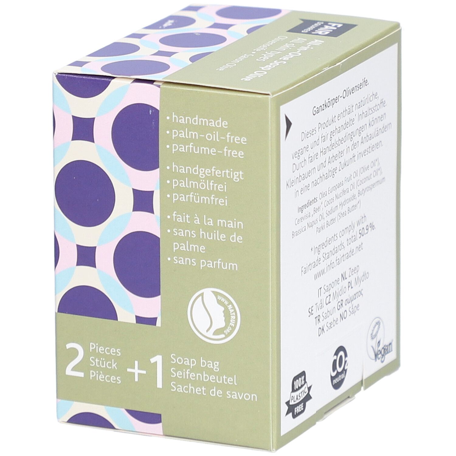 Verpakking van FAIR SQUARED All-in-One-zeep Olive. 2 stuks + 1 zeepzakje, handgemaakt, palmolievrij.