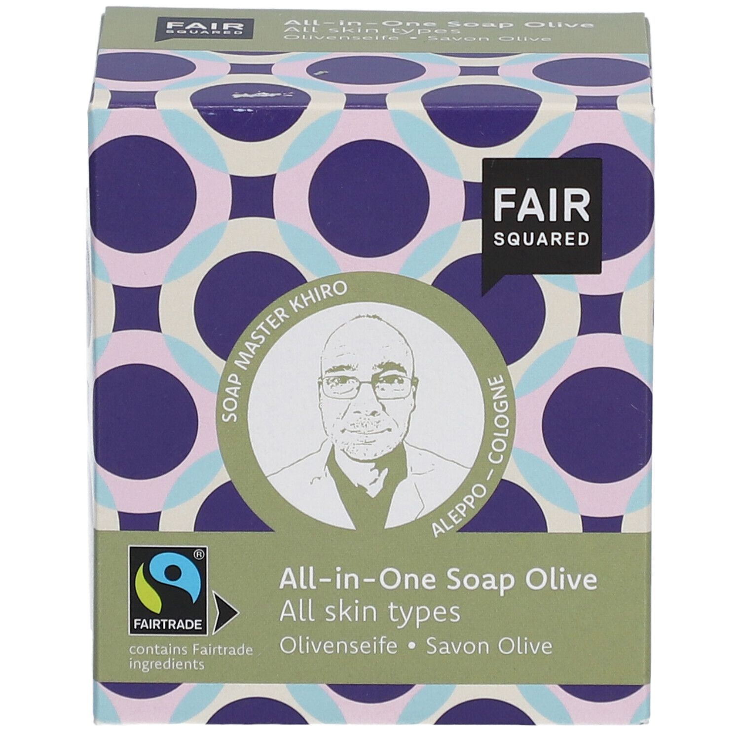 Verpakking van FAIR SQUARED All-in-One-zeep Olive. Fairtrade-label, portret van Soap Master Khiro.