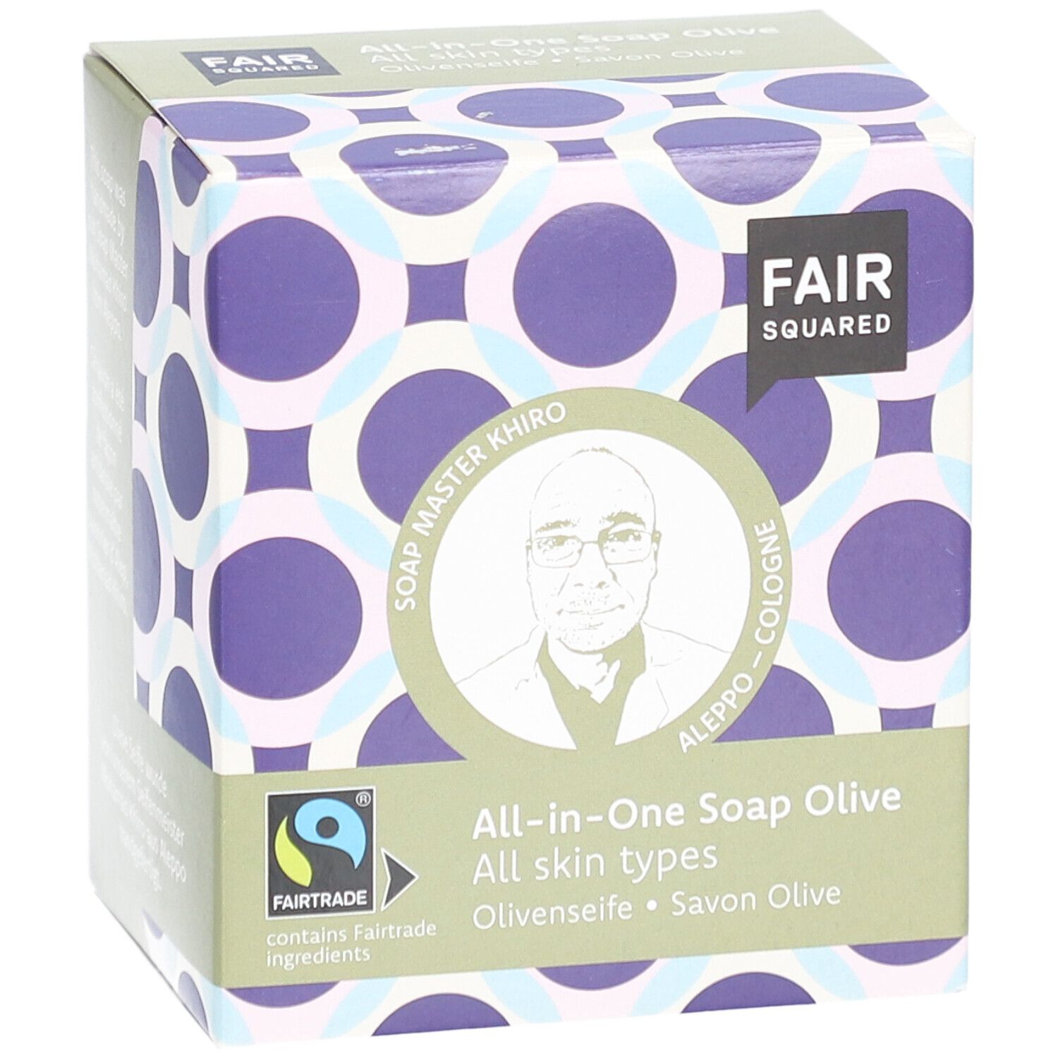 Verpakking van FAIR SQUARED All-in-One-zeep Olive. FAIR SQUARED logo, Fairtrade-label.