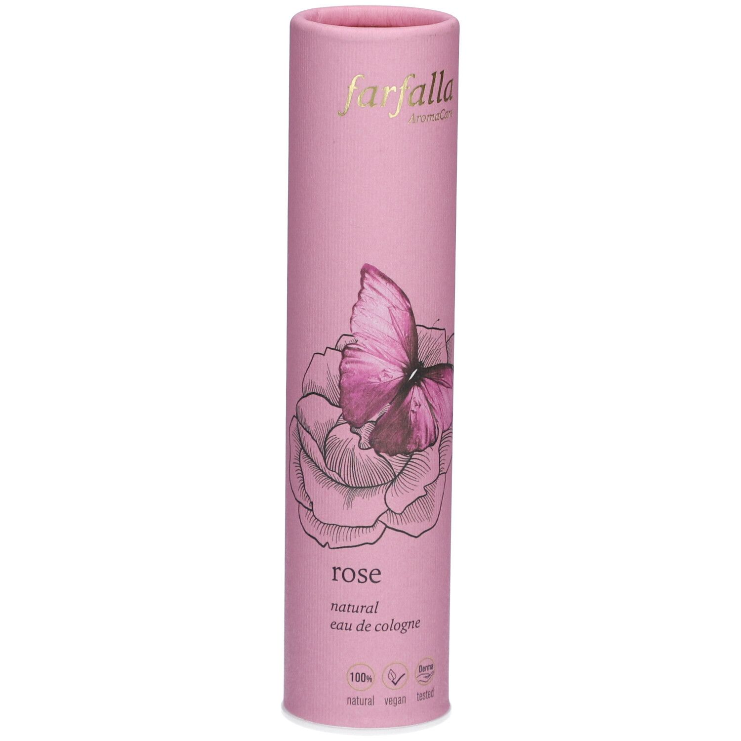 Roze cilindrische verpakking met opdruk: Rose, vlinder, logo. 100% natuurlijk, vegan.